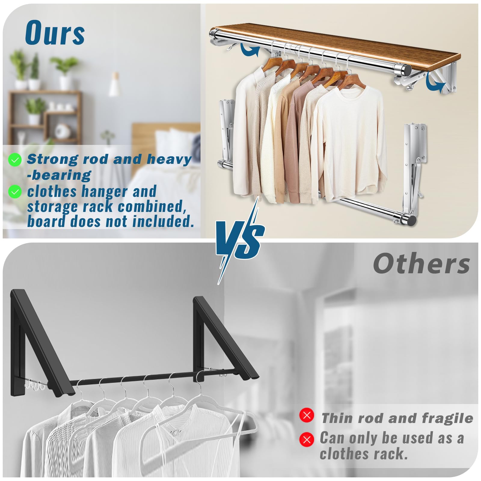 Foldable Wall Mounted Clothes Rack-44'' Long Rod&2 Bases,Stainless Steel, Heavy Duty,Detachable,Multi-Purpose For Space-Saving G