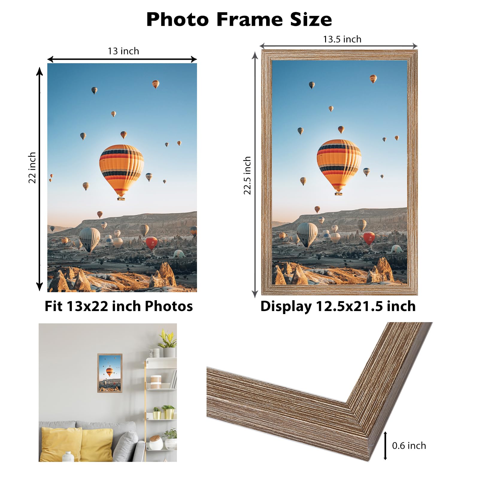 JCJMY 13x22 Picture Frame Rustic Brown for Poster Photo Picture, Horizontal and Vertical Formats for Wall Hanging, 13 x 22 Wall
