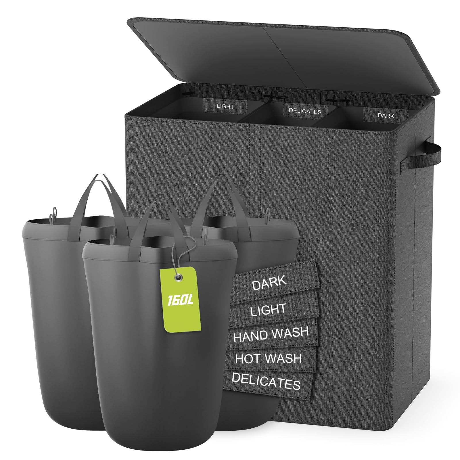 160L Laundry Hamper 3 Section, Dirty Clothes Hamper With Lid For Laundry, Large Laundry Basket With Removable Bags & Labels For