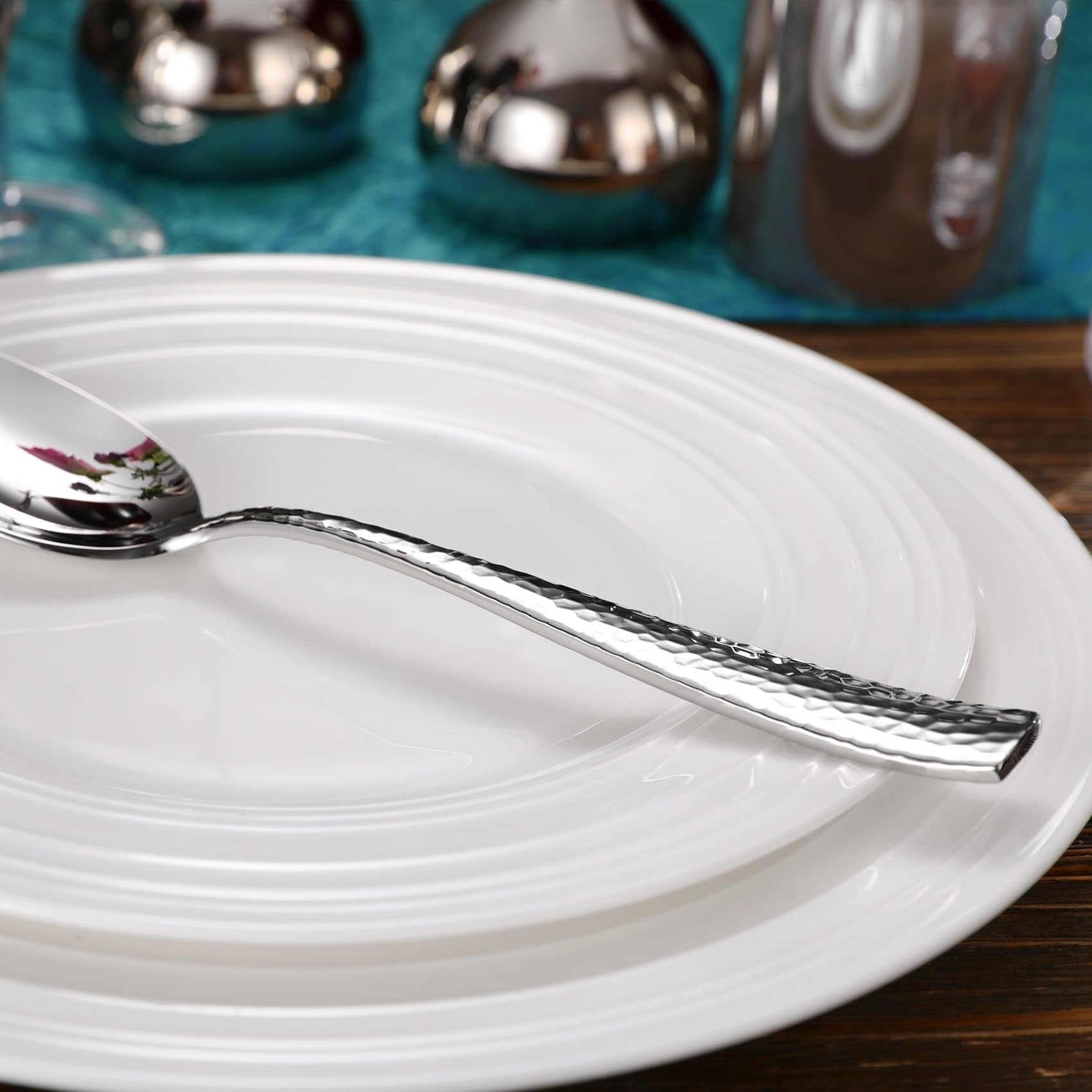 Keawell Premium Louis Hammered Serving Spoons, 18/10 Stainless Steel, Fine Spoon Set With Squared Edge, Dishwasher Safe, Silver