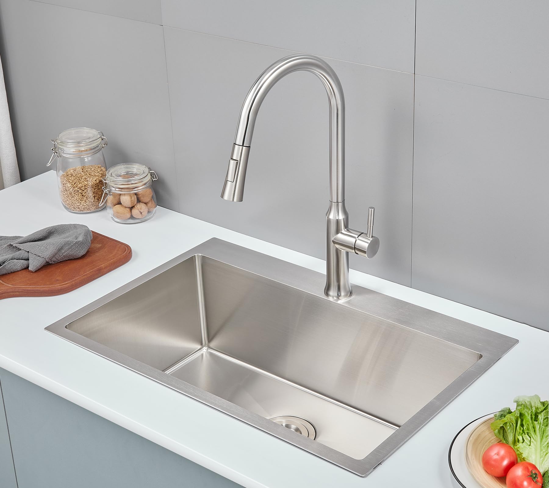 Popfly 28  20 Inch Drop In Sus 304 Kitchen Sink, Top Mount Stainless Steel 9 Inch Deep Single Bowl Kitchen Sinks, Brushed Nickel