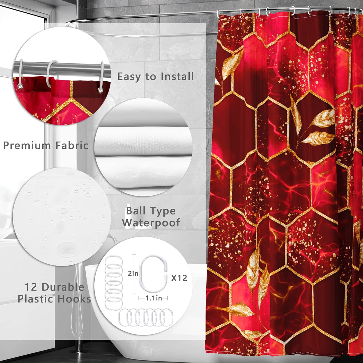 Poedist 4 Pcs Bathroom Shower Curtain Set Red Honeycomb Marble Bathroom Sets with Rugs(Bath Mat U Shape and Toilet Lid Cover Mat) and 12 Durable Hooks