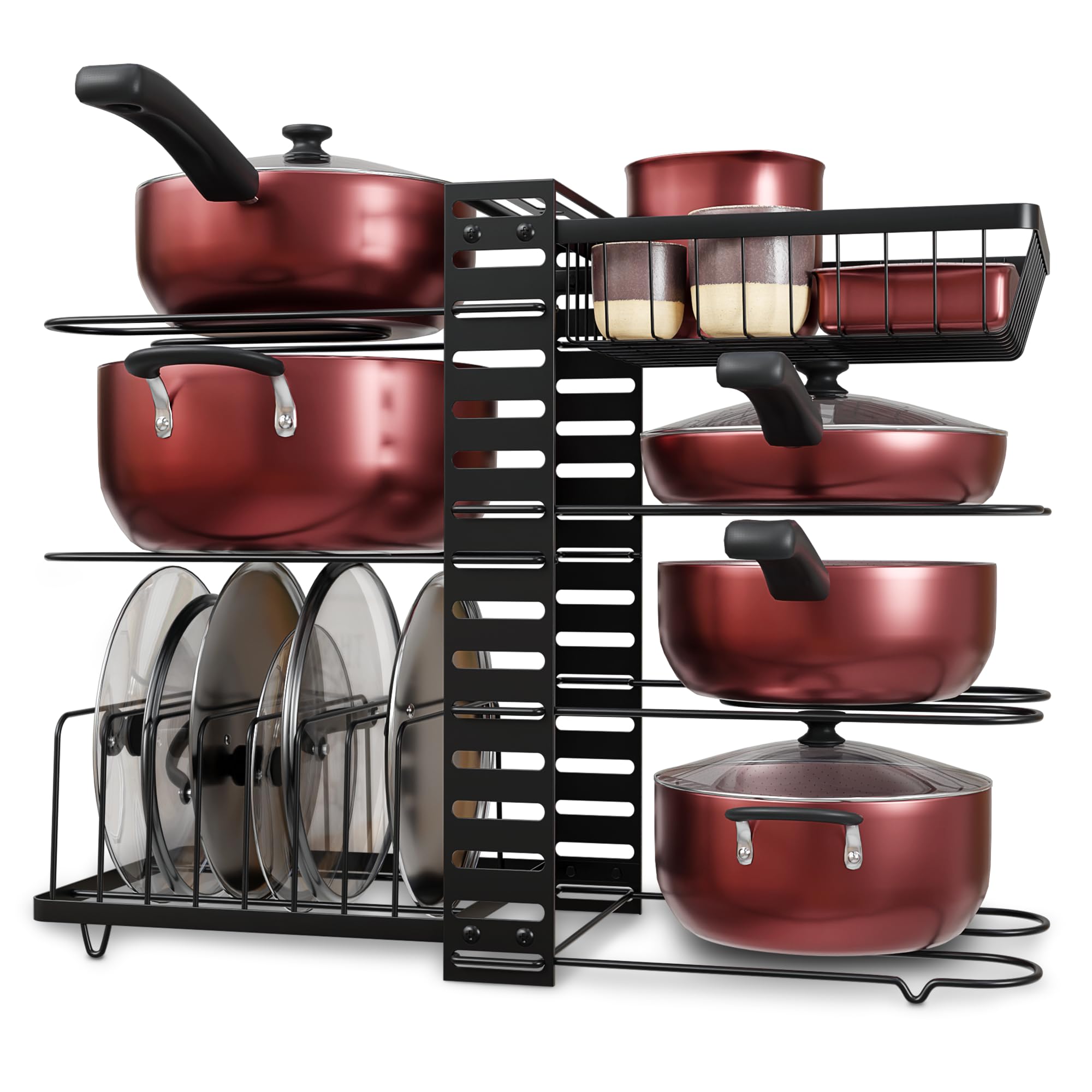 7Tier Pots and Pans Organizer Under Cabinet  Cooking Pot Lid Organizer for Cabinet with Basket for Utensils, Lid Rack  Adjust