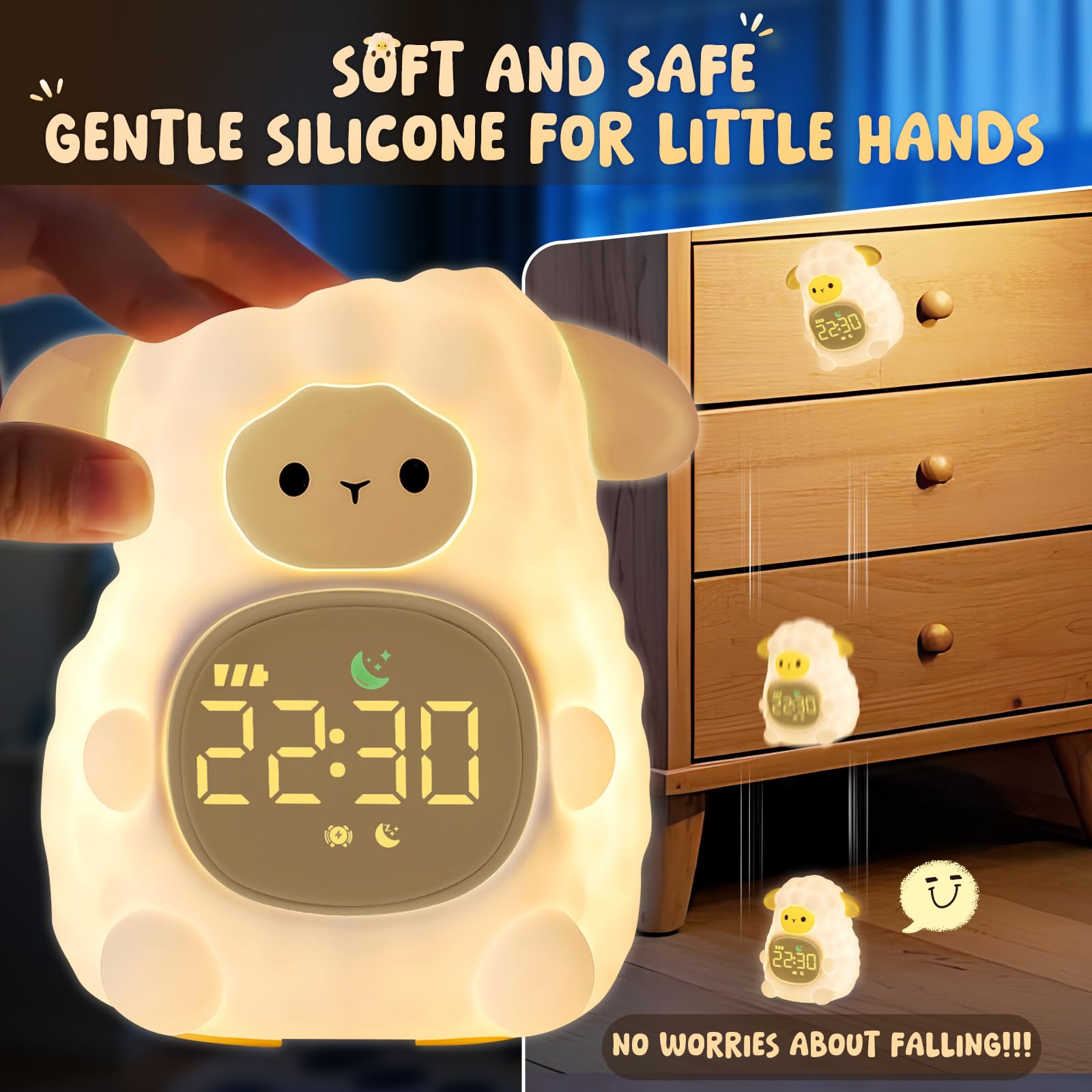 Sheep Alarm Clock with Night Light for Kids with Sleep Training and Sound Machine, Rechargeable Silicone Lamp OK to Wake Clock,C