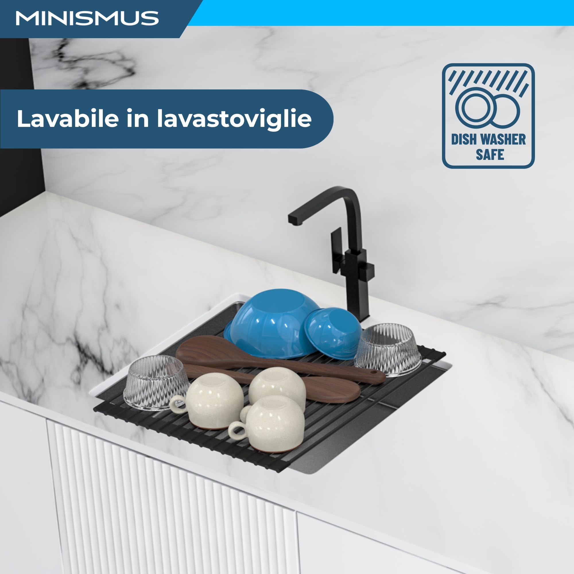 Minismus Over The Sink Dish Drying Rack - Sink Drying Rack - Sink Rack - Heat Resistant and Dishwasher Safe - Covered in Silicone - Dish Rack Over Sink Drying Rack - 13x17 Inches (Black)