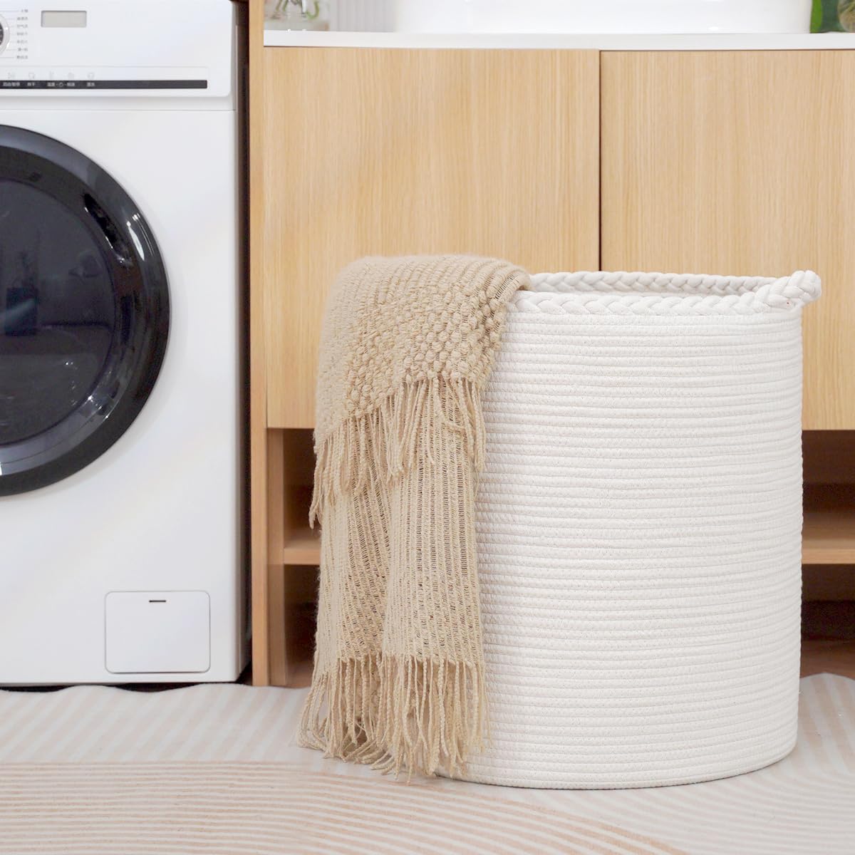 Homlikelan 90L Oversize Woven Laundry Basket,Cotton Tall Laundry Hamper For Blankets,Clothes,Pillows,Toys,Shoes Large Laundry Bi