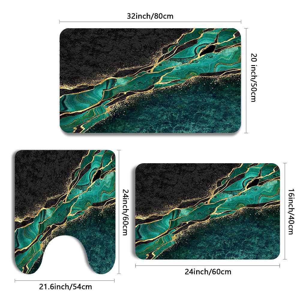 Muginyu Black And Gold Green Bathroom Rugs,Emerald Green Marble Bathroom Kitchen Decor Hunter Dark Green Bathroom Rug Set 3 Piec