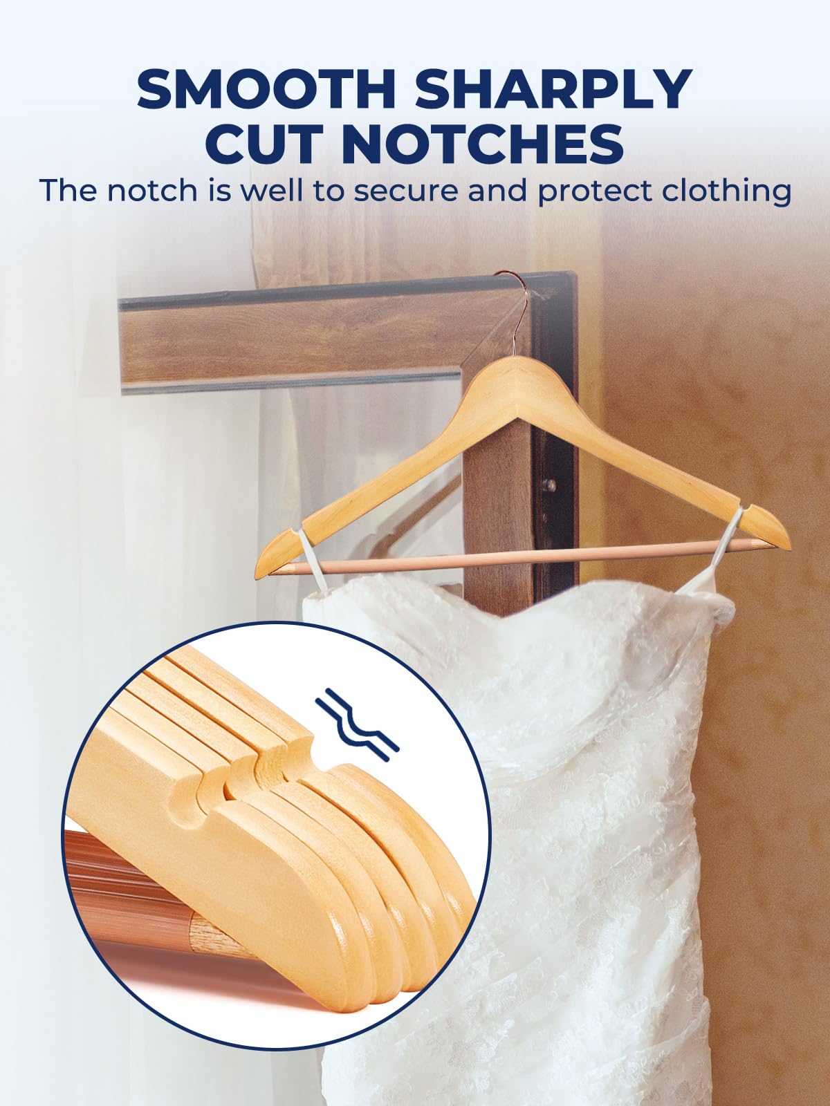 Smartor Wooden Hangers 10 Pack  Durable Coat Hanger Wood Hangers with Bar  Premium Suit Hangers for Men Women - Heavy Duty Hangers Pants Hanger Set with 360? Rose Gold Rotatable Hook  Natural