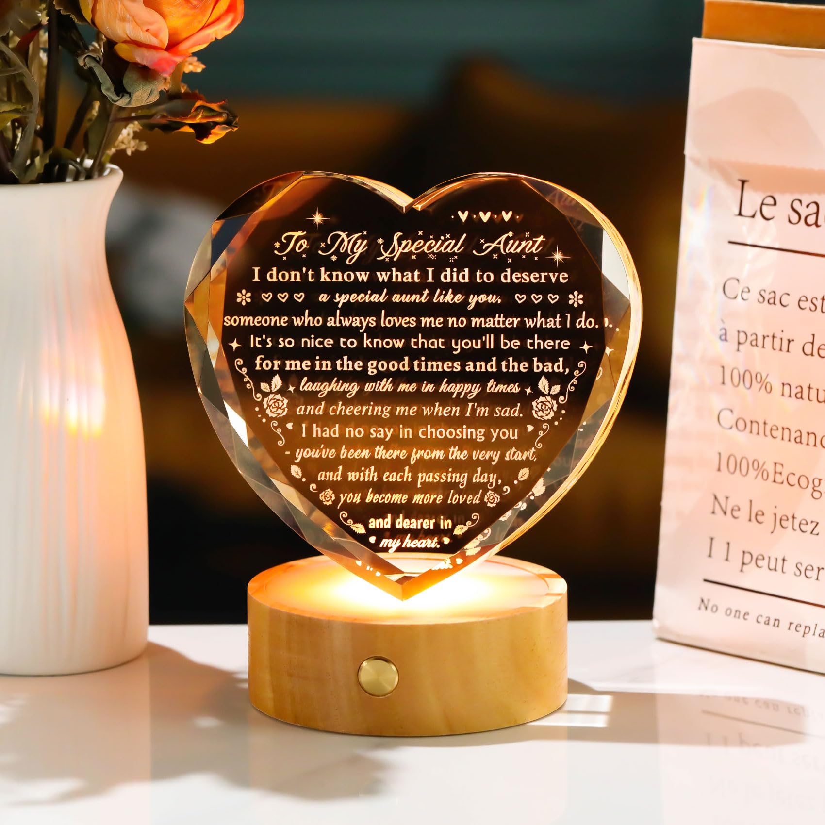 YWHL Crystal Aunt Gifts from Niece Nephew, Aunt Birthday Gifts for Women, Heart Crystal Plaque Mother s Day Gifts for Aunt with