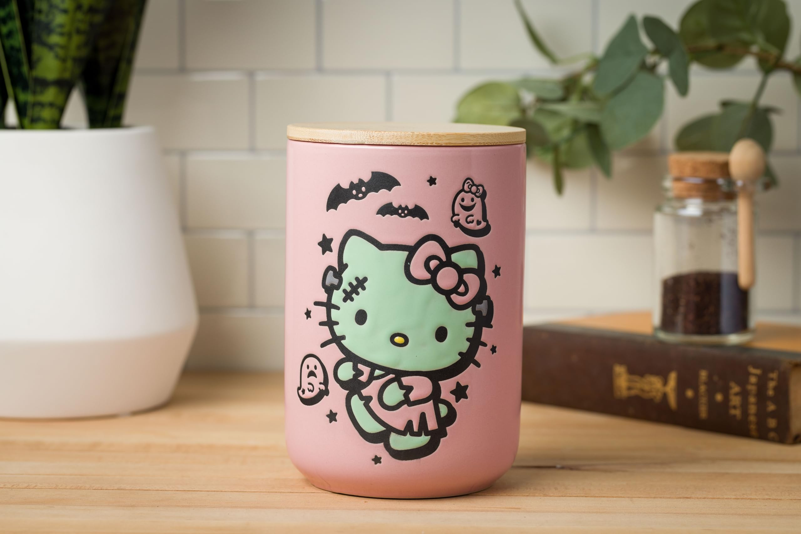 Silver Buffalo Sanrio Hello Kitty Halloween Spooky Frankenstein Frankenkitty Ceramic Cookie Snack Candy Jar With Airtight Bamboo