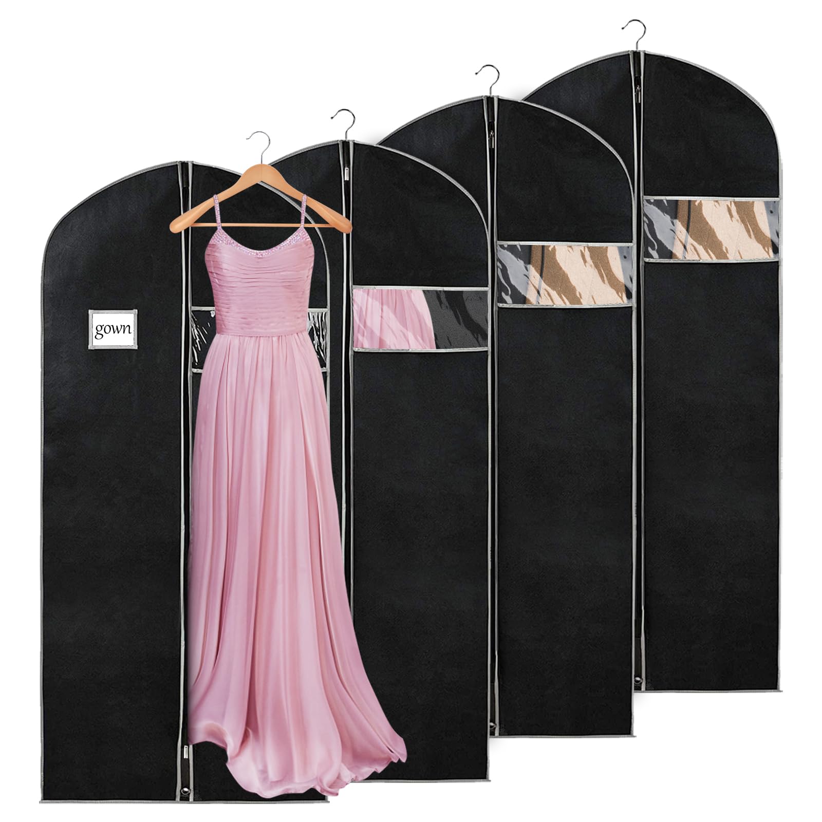 Syeeiex 60'' Garment Bag  Set of 4 Suit Bag  Garment Bags for Hanging Clothes  Suit Covers Bags for Men or Women  Dress Bags for Storage Suits  Shirts T-shirts and Jackets on Closet or Travel(Black)