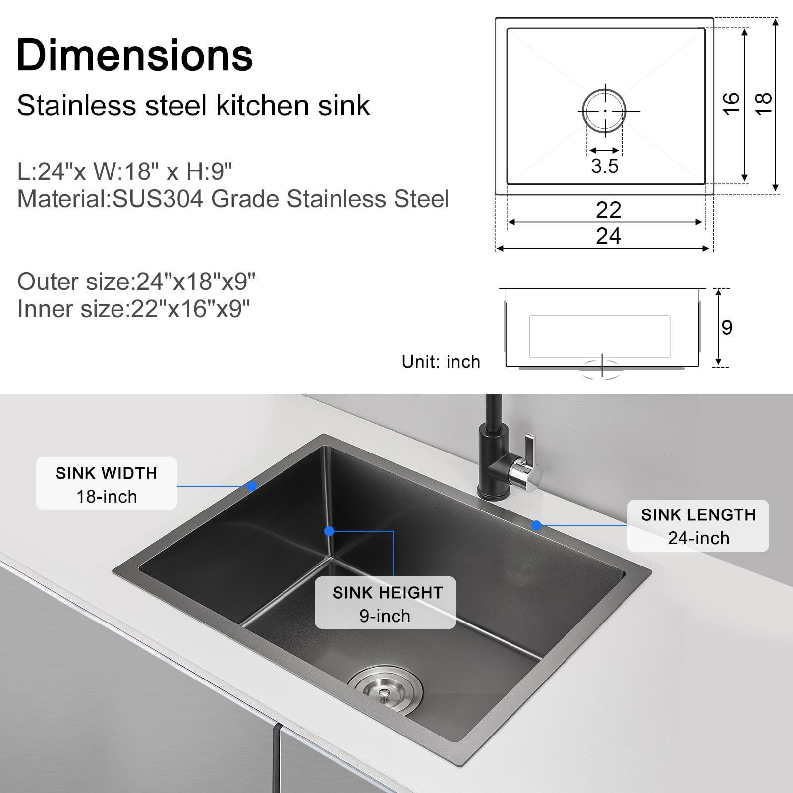 MENATT 24 Inch Undermount Single Bowl Kitchen Sink  SUS304 Stainless Steel Handmade Kitchen Sink Undermount Black  24''x18''x9''