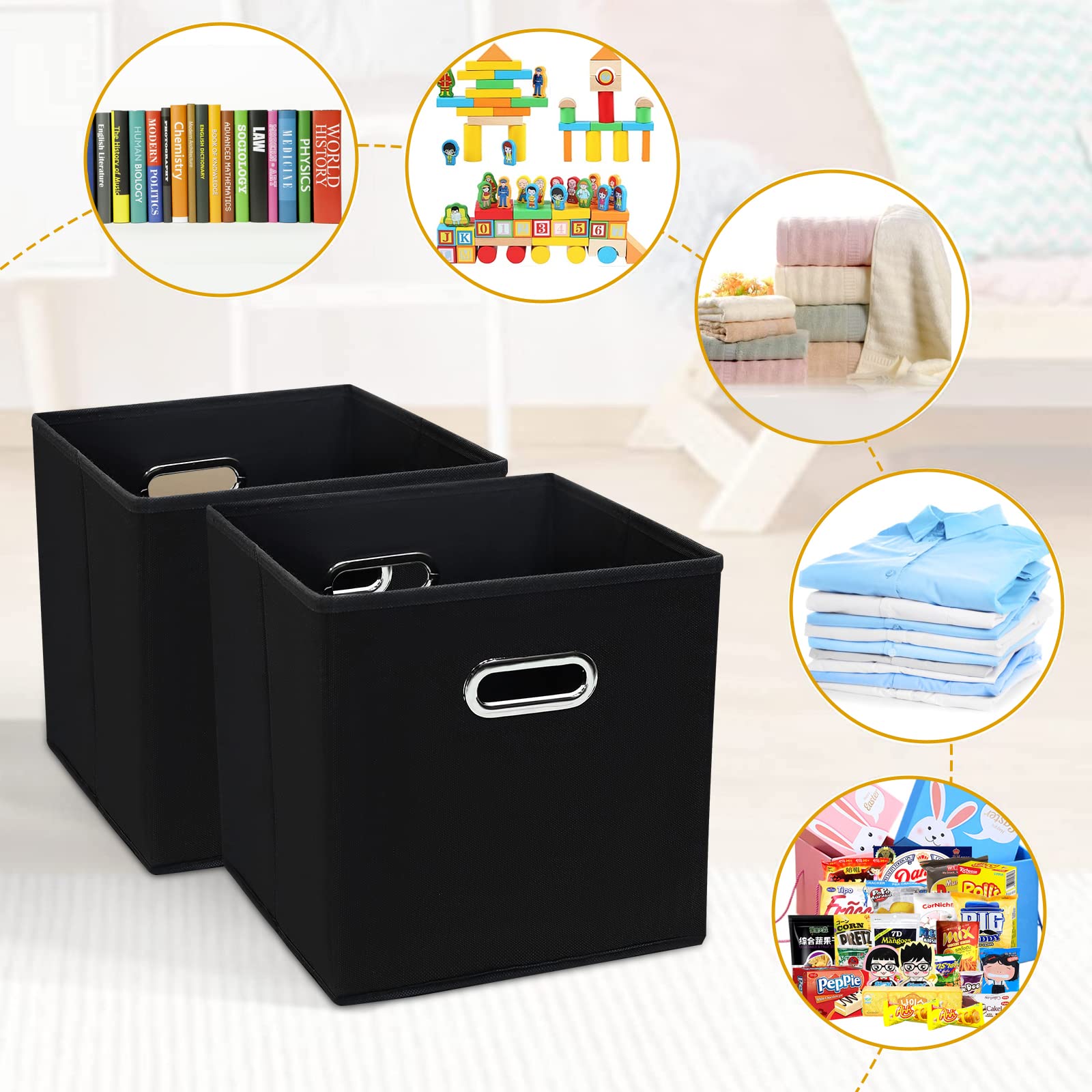 Yunkeeper 11 Inch Cube Storage Bins Black Fabric Cubes Organizer Baskets with Handle  Foldable Basket for Closet or Collapsible Storage Box  11x11x11 Set of 4 (Black)