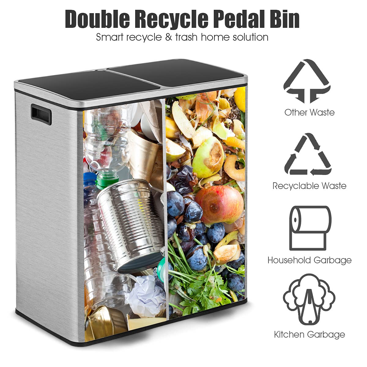 Tangzon 2X30L Recycling Pedal Bin, Double Kitchen Waste Bin With Plastic Inner Buckets & 1/2Handles, Fingerprint Proof Airtight
