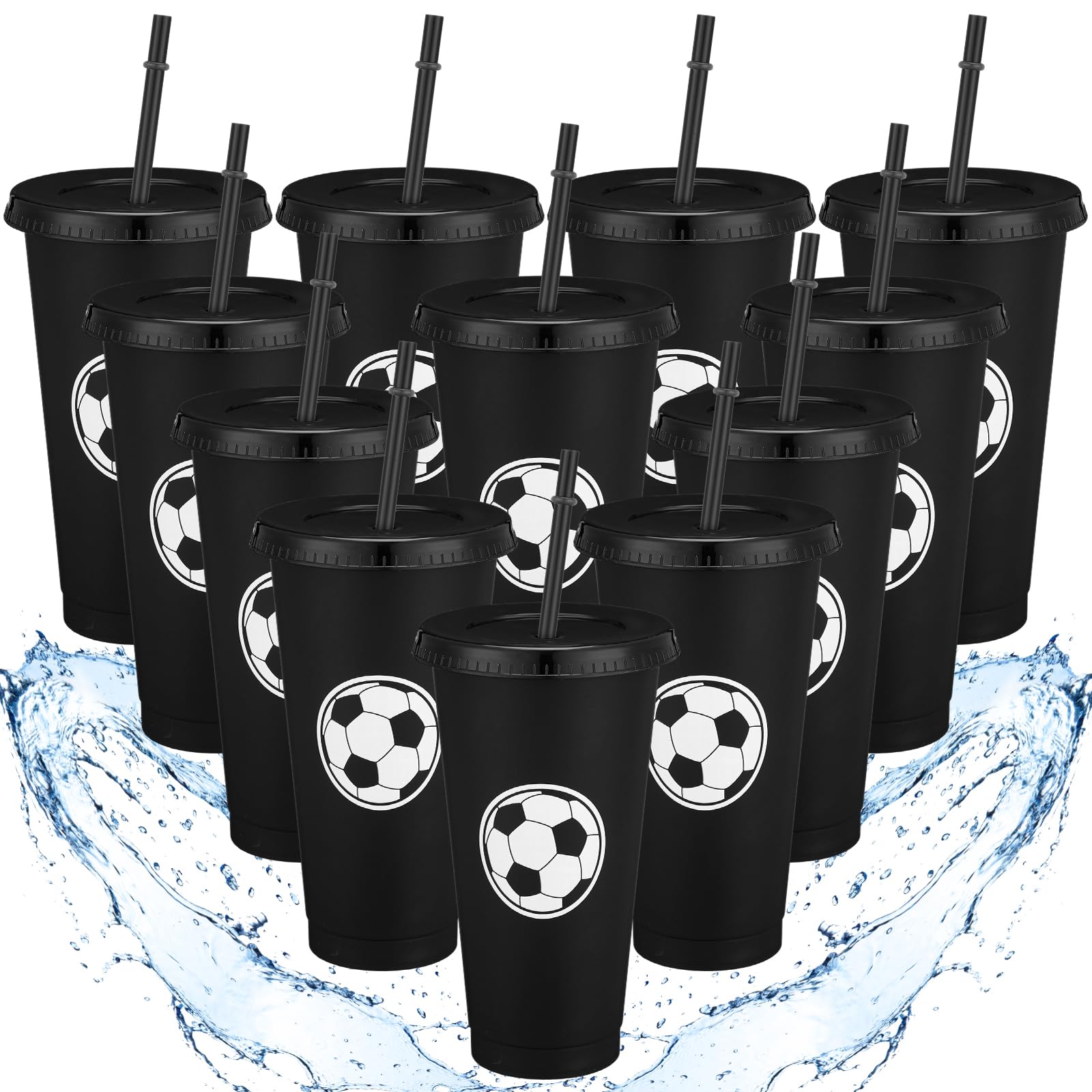 Domensi 12 Pcs Sport Soccer Plastic Cups with Lid and Straw 24 oz Reusable Plastic Cups Coffee Tumblers Gift for Fan Friend Gues