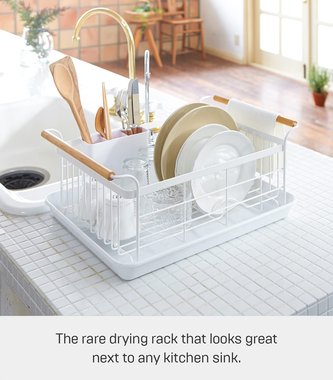 Yamazaki Home Dish Rack With Removeable Drainer Tray, Kitchen Counter Dish Drying Organizer Holder Steel + Wood One Size White