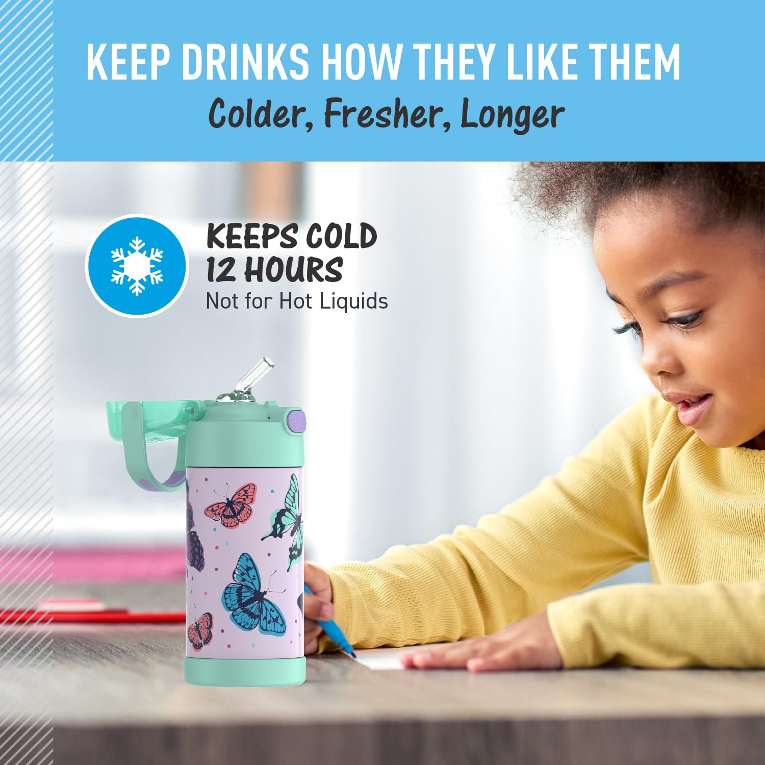 Thermos Funtainer Water Bottle With Straw - 12 Ounce, Butterfly Frenzy - Kids Stainless Steel Vacuum Insulated Water Bottle With