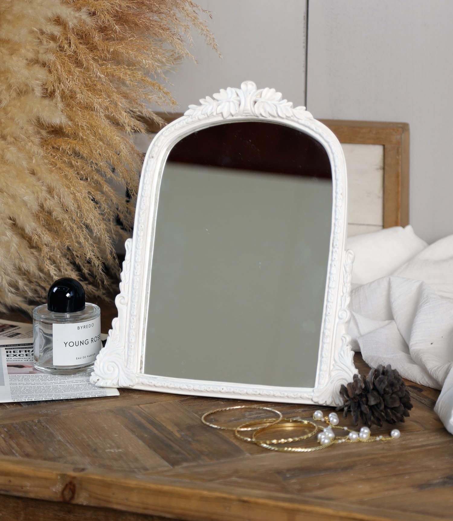 Vintage White Vanity Makeup Mirror, Antique Arch Table Mirror with Carved Resin Frame, Small Standing Mirror for Bedroom, Living