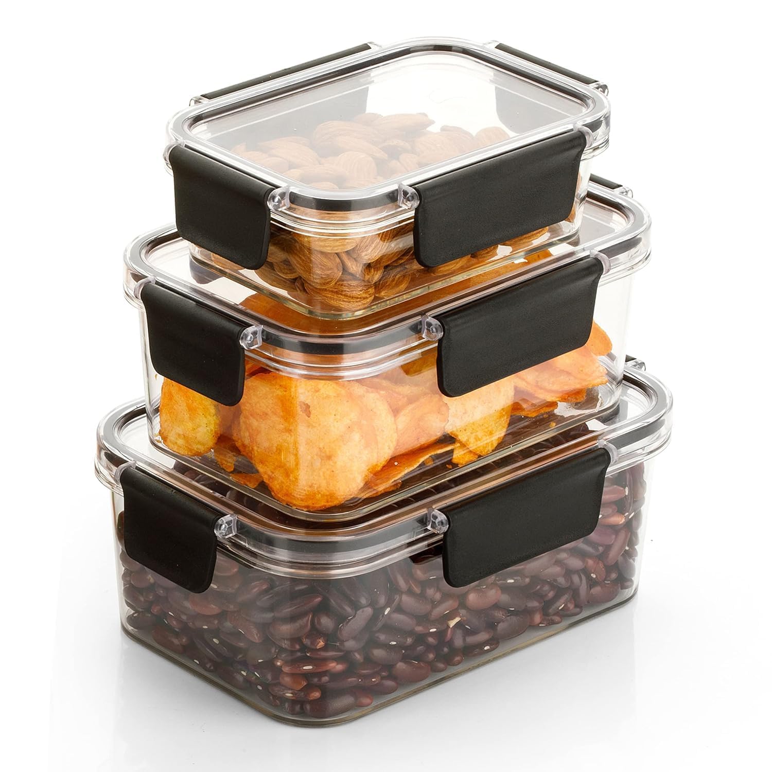 Hlipih 3 Pcs Food Storage Containers Set, Airtight Plastic Kitchen Containers, 1200Ml, 800Ml, 300Ml, Stackable Pantry Organizers