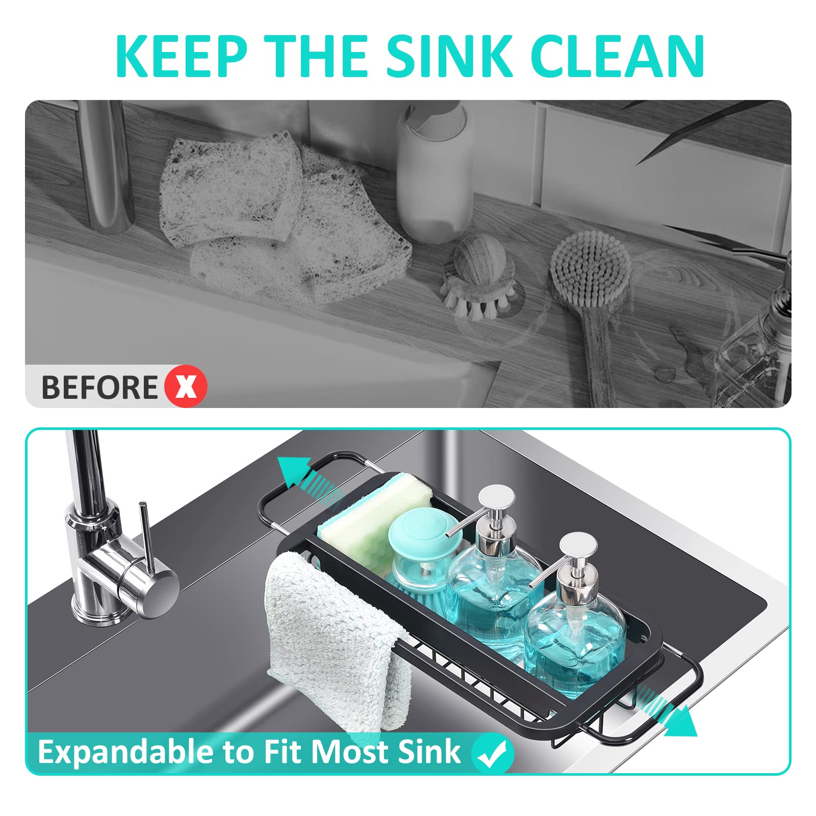 Toolf Expandable Sink Caddy, Sink Drying Rack With Dish Towel Bar, Over The Sink Adjustable Sink Organizer For Kitchen, Rustproo