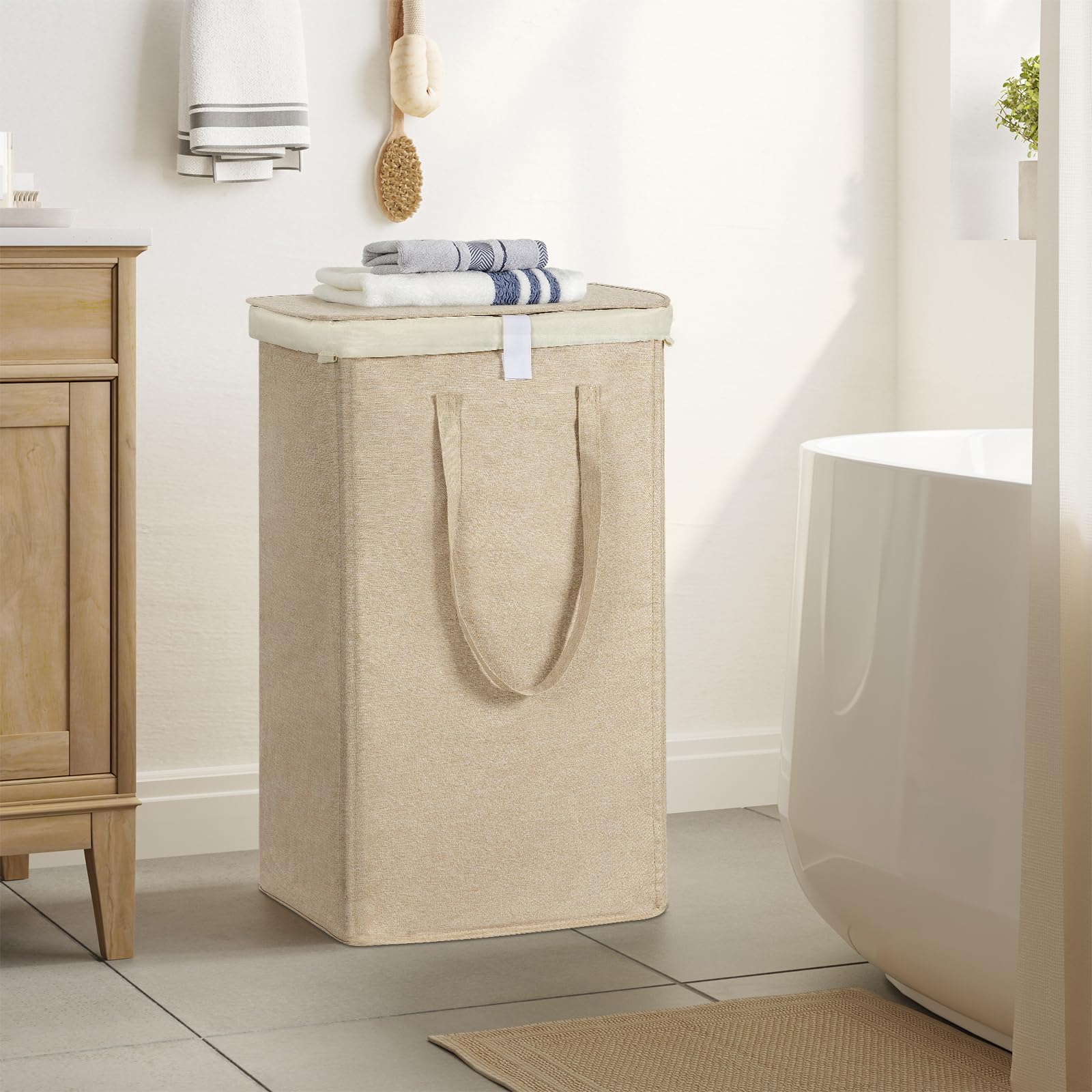 Wowlive 100L Laundry Hamper With Lid, Large Foldbale Laundry Basket With 2 Removable Bags And Handles, Tall Collapsible Dirty Cl