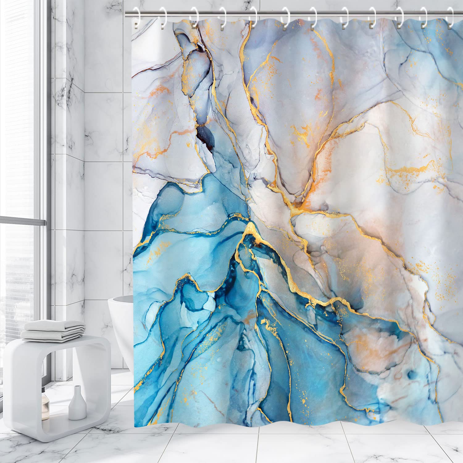 RosieLily Blue Shower Curtain  Marble Shower Curtains Set with 12 Hooks  Watercolor Blue Gold White Shower Curtains  Cool Abstract Marble Bathroom Decor  72''x72''