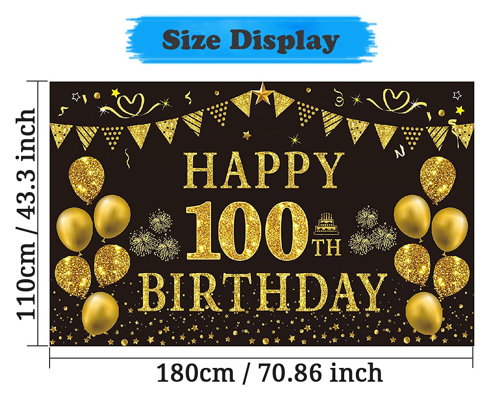 Trgowaul 100Th Birthday Decorations For Men Women - Black And Gold 100Th Birthday Backdrop Banner 5.9 X 3.6 Fts Happy 100Th Birt