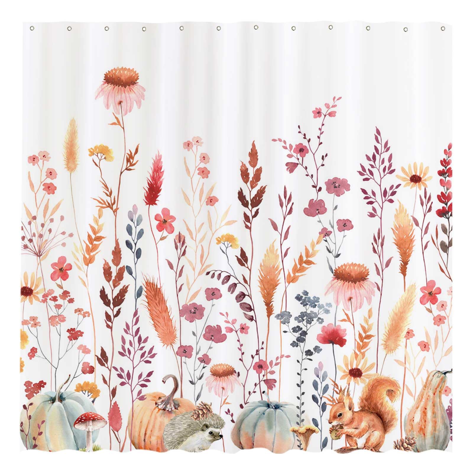 Funnytree 72''X72'' Autumn Flowers Fall Rustic Pumpkins Boho Leaves Floral Watercolor Bohemian Farmhouse Shower Curtain For Bath