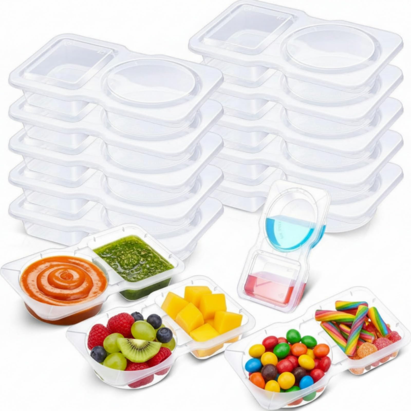 Blushtier 10 Pcs Pack Snack Containers with Lids, 5 oz Double Compartment Plastic Food Containers, Portable Divided Snack Cups f