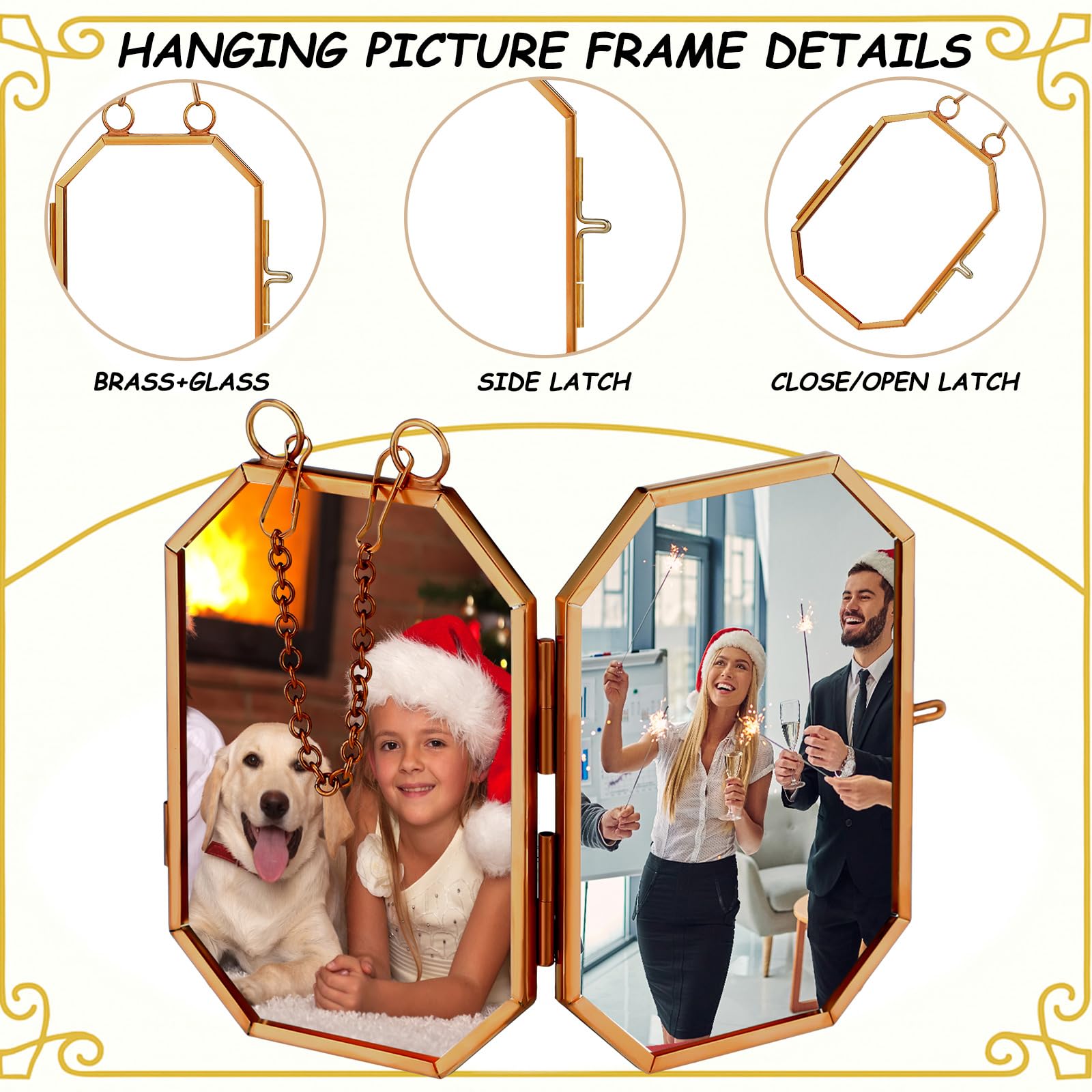Qunclay 6 Pcs 2x3    2.5x3.5    3.2x3.2    Christmas Brass Picture Frame Ornaments Square Rectangle Octagon Christmas Metal Doub