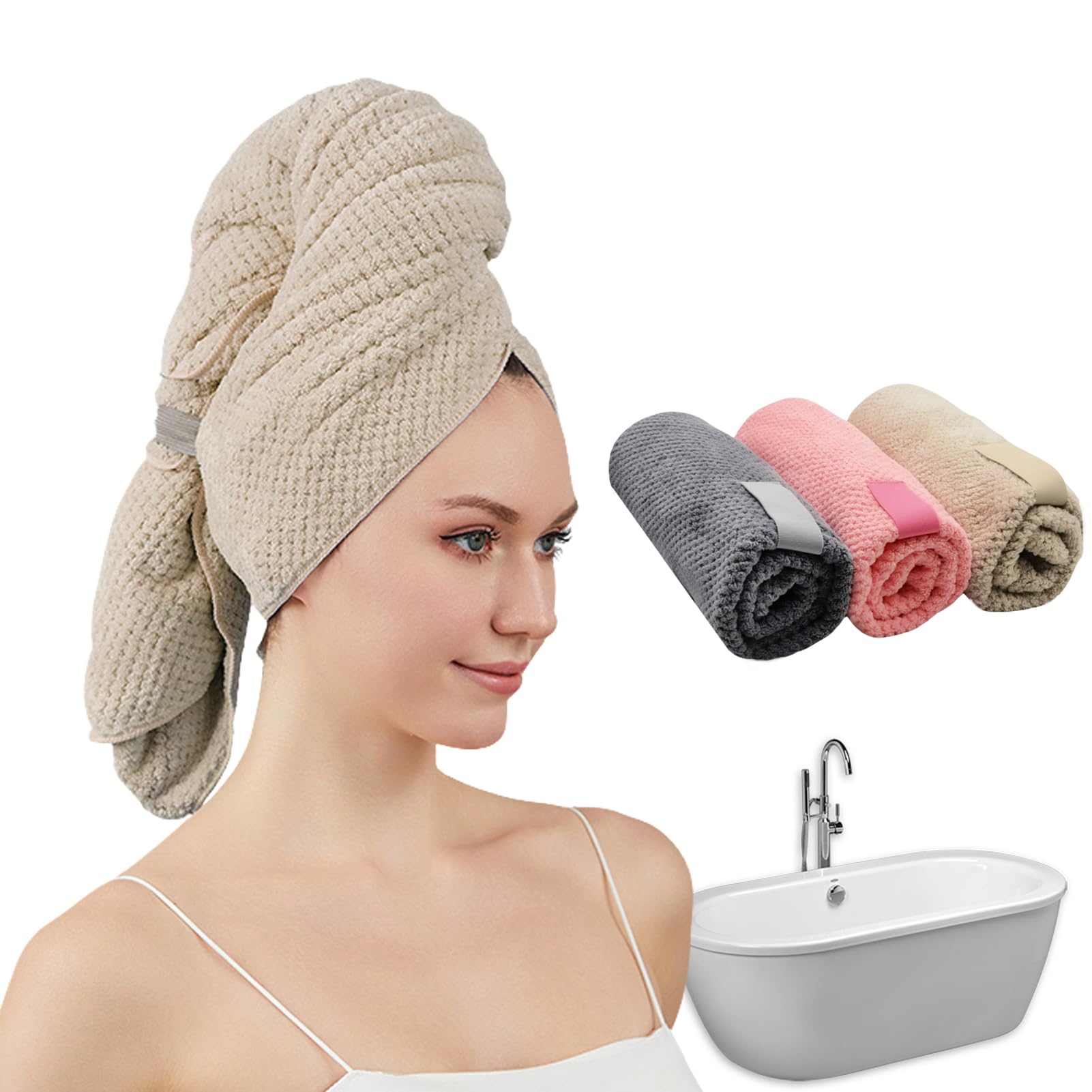 SURPRISE PIE Women Microfiber Hair Towel Wrap with Elastic Strap,Super Absorbent Anti Frizz Drying Turban for Curly, Long,Wet Ha
