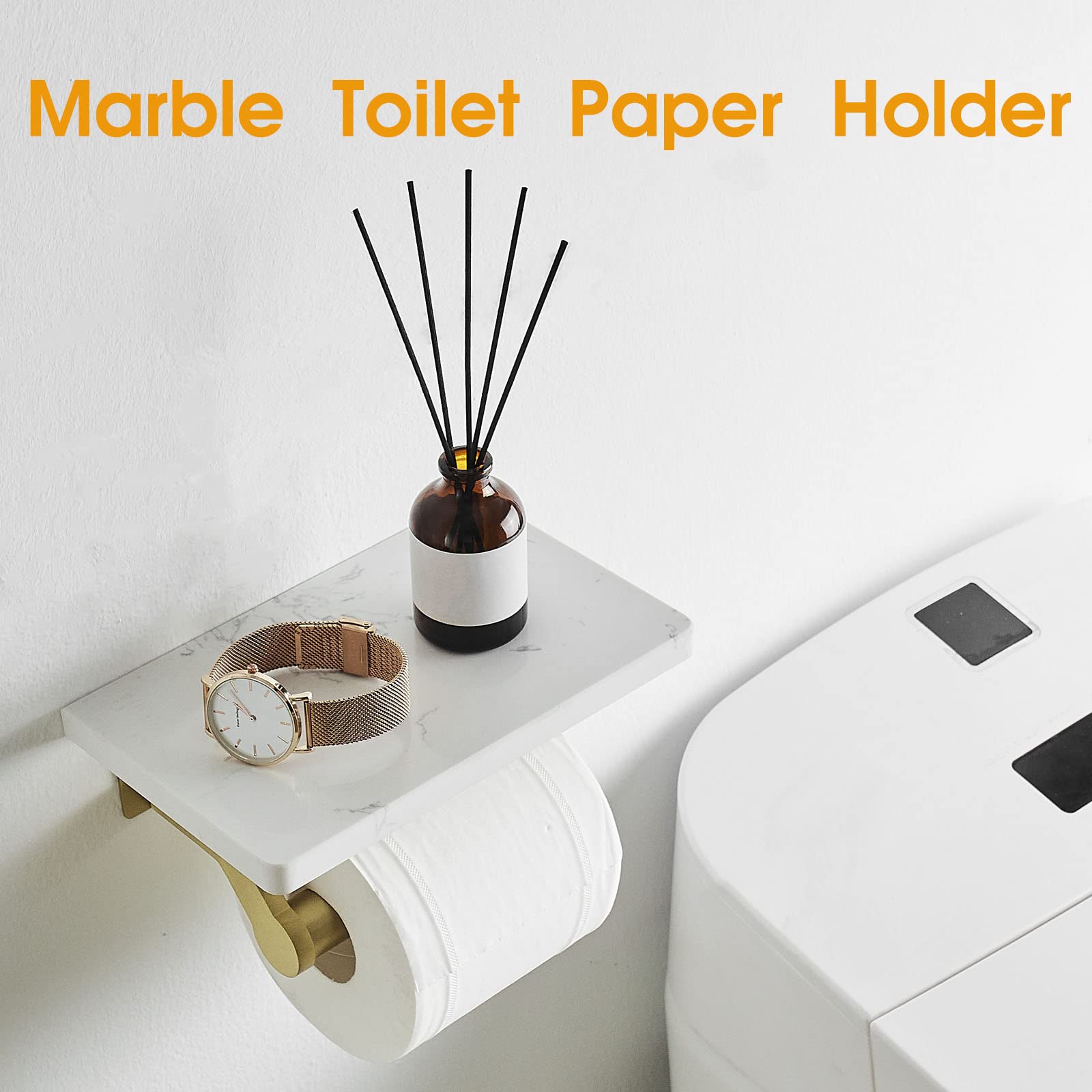Hoimpro Brushed Gold Stainless Steel Toilet Paper Holder With White Natural Marble Shelf, Wall Mounted Tissue Hand Paper Roll St