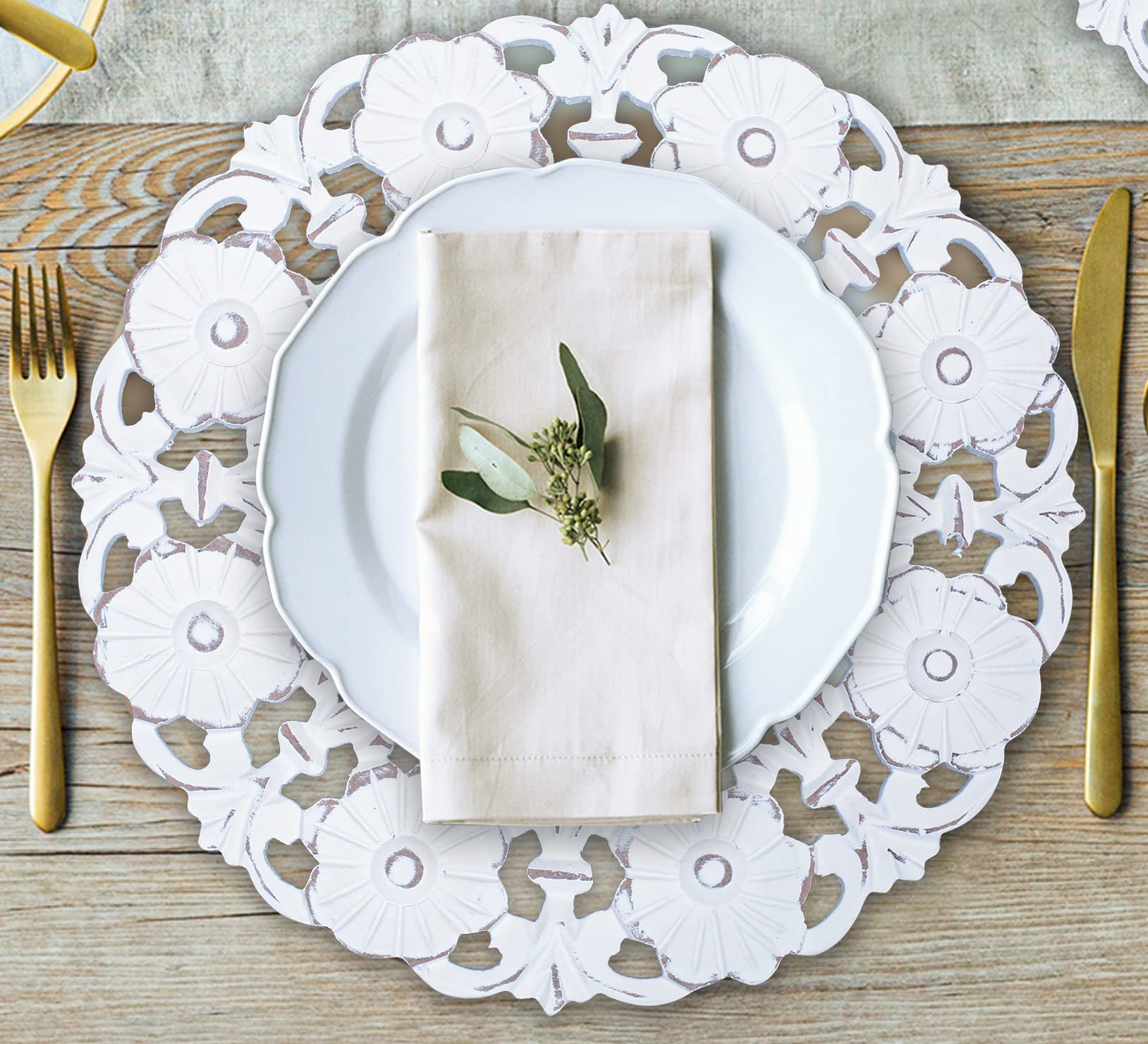 White Wood Charger For Dinner Plates Set Of 2 - Decorative Flower Design 13 Inch Round Wooden Placemat For Dining Table D  Cor/F