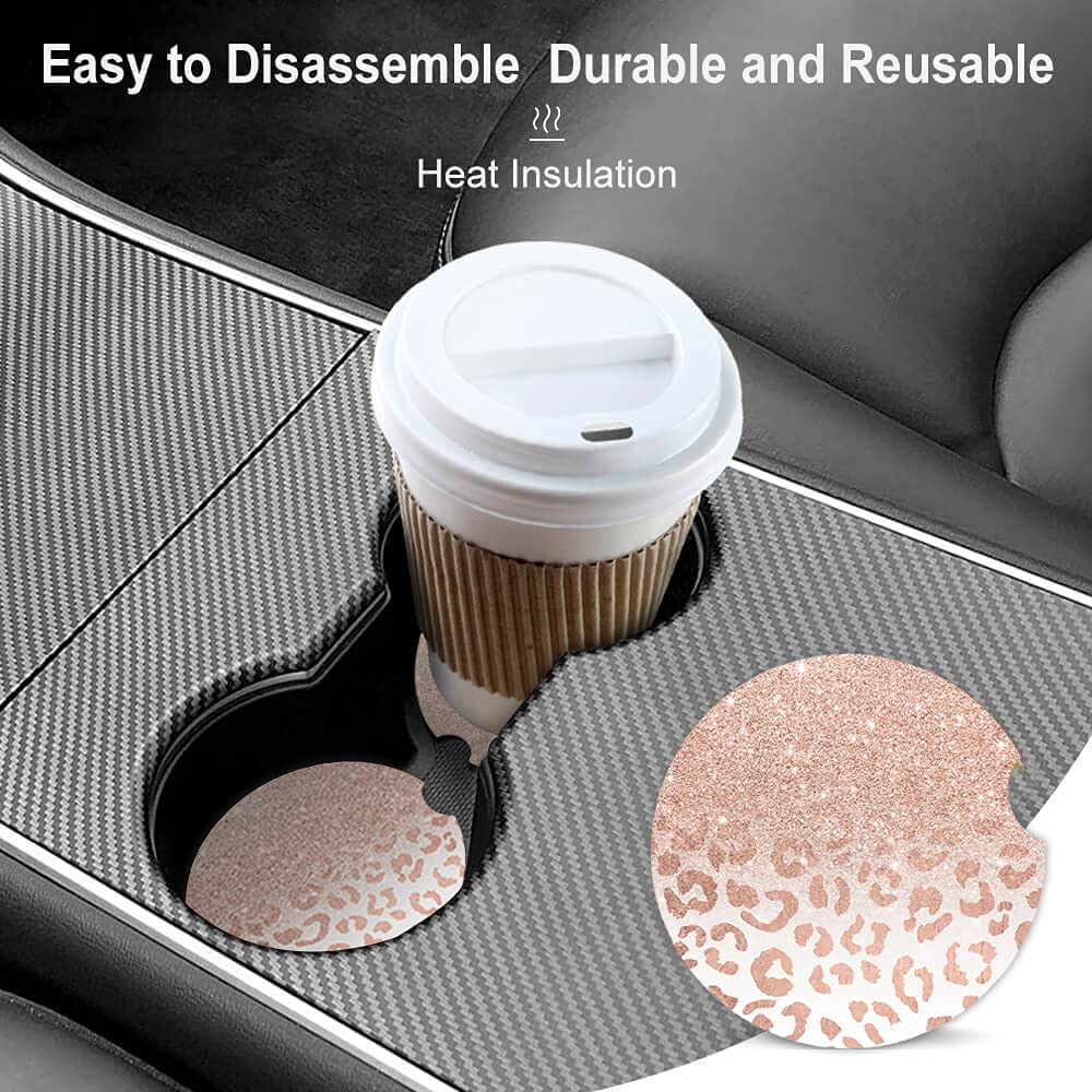 Trendy Rose Gold Glitter Leopard Absorbent Cup Holders Car Coasters Ceramic Stone Drinks Coaster Set for Women Man 2.56''(2 Pack)