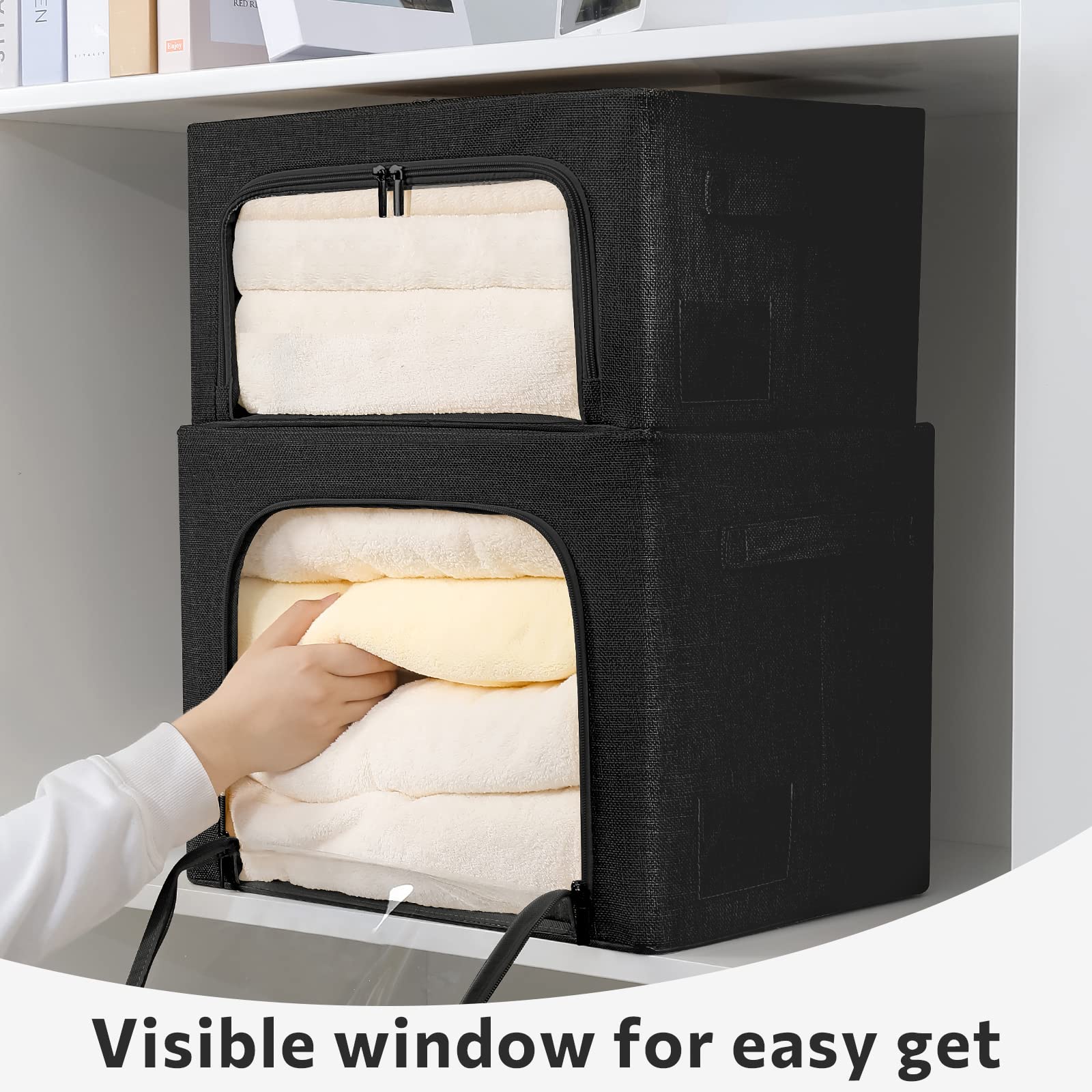 2 Pack Clothes Storage Bins- Foldable Metal Frame Storage Box Linen Fabric Organizer Set with Carrying Handles and Clear Windo-2