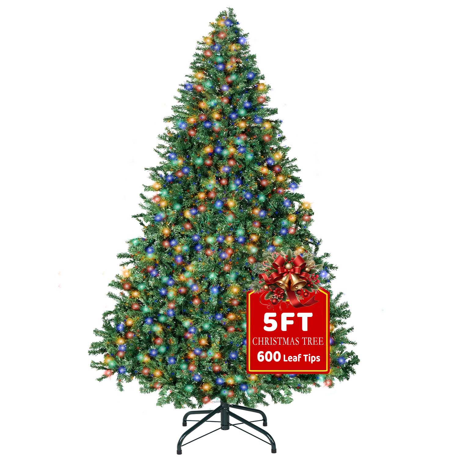 5FT Christmas Tree with Lights,Artificial Christmas Tree with 150 LED Lights and 600 Branch Tips,Xmas Tree with Foldable Stand P