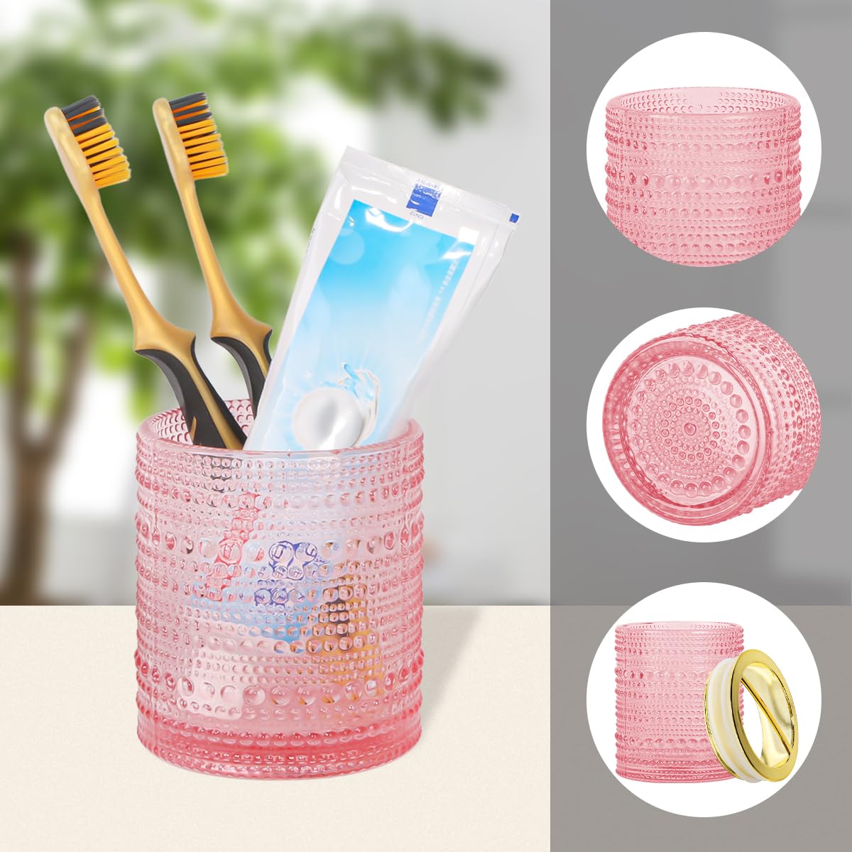 Tonxus Pink Toothbrush Holders,2Pcs Glass Toothbrush Holder Set,Clear 10Oz Bathroom Tumbler,Gold Toothbrush And Toothpaste Cup H