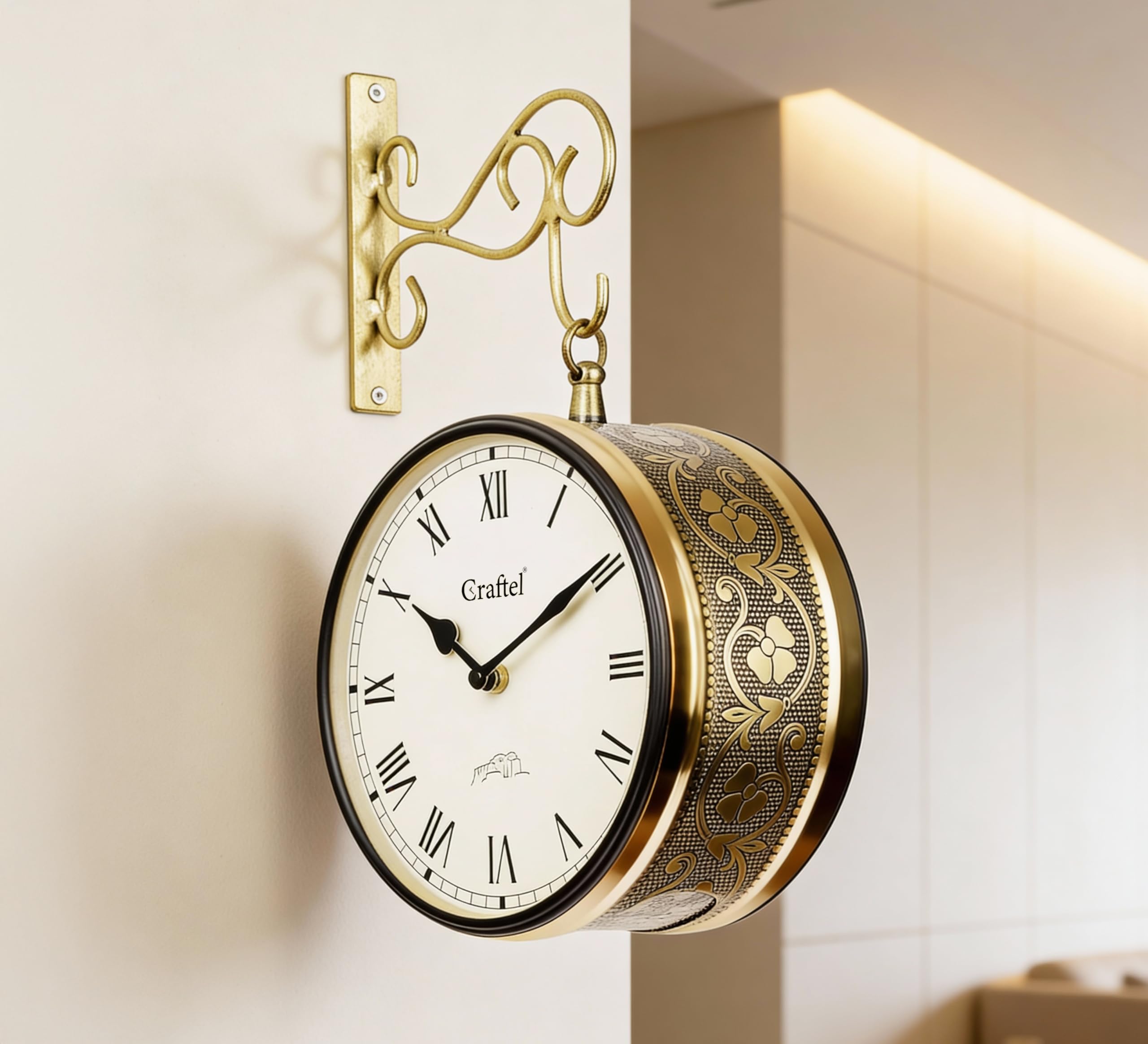 Craftel Metal Roman Dial Double Sided Vintage Station Analog Wall Clock For Living Room Home (Shiny Gold_8 Inches)