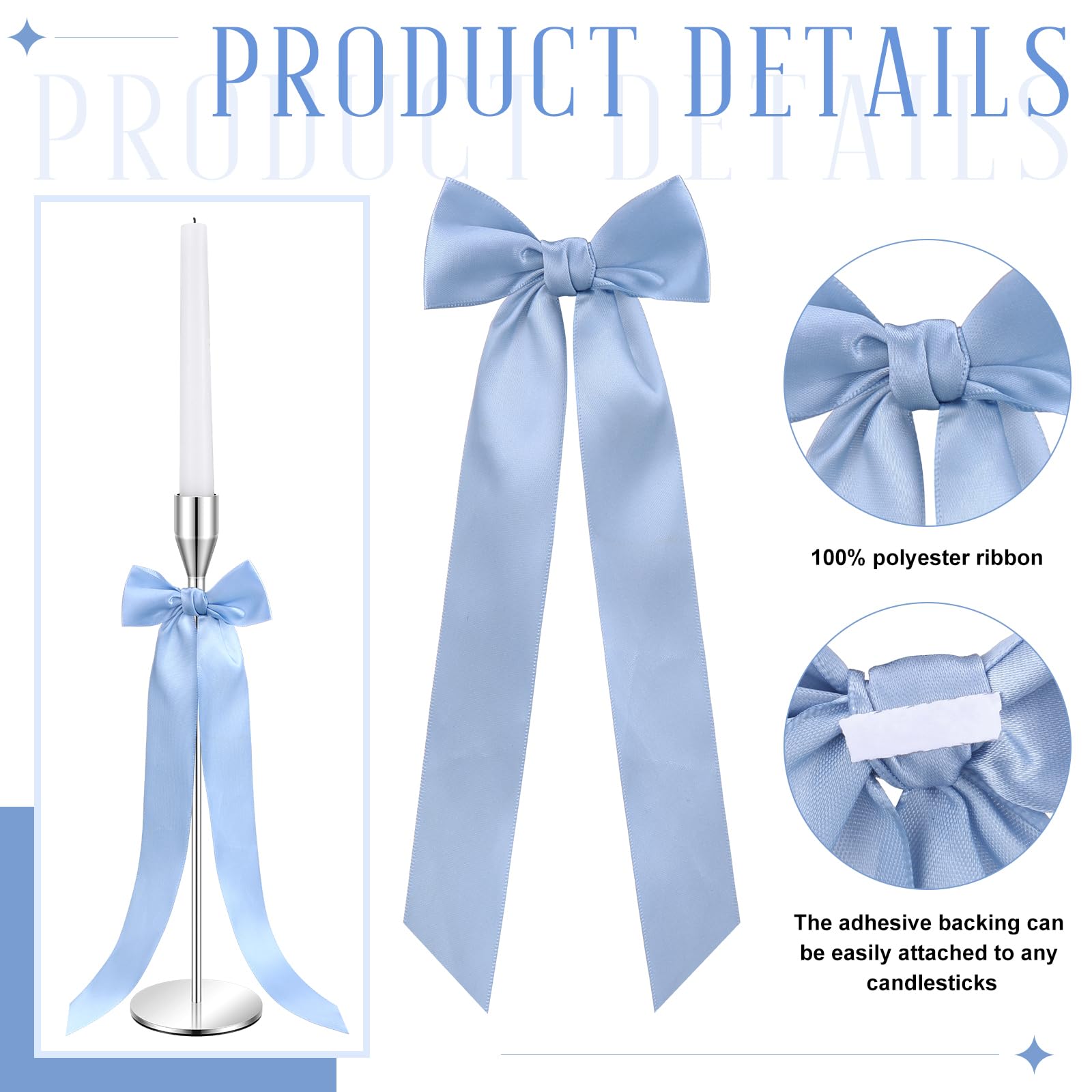 Teenyyou 12 Pcs Dusty Blue Candlestick Bows Decor 13 Inch Large Coquette Decorations Bows for Table Self Adhesive Candle Holder