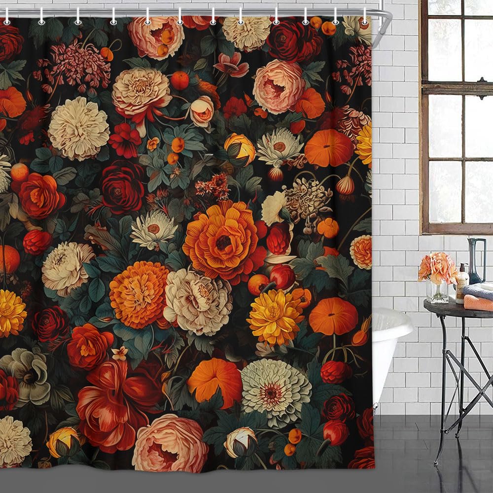 Drgilau Floral Shower Curtain, Vintage Floral Shower Curtain Set Red Flower Plants Bathroom Curtain, Boho Floral Shower Curtain