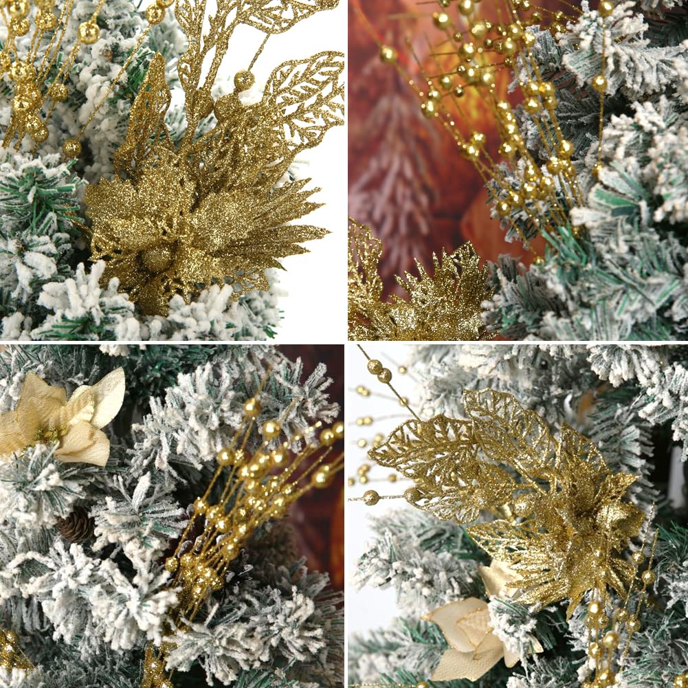 ROSELEAF 28 Pack Artificial Glitter Berry Stem Ornaments, Gold Christmas Ornaments Flower Branches Picks for Xmas Tree Decoratio