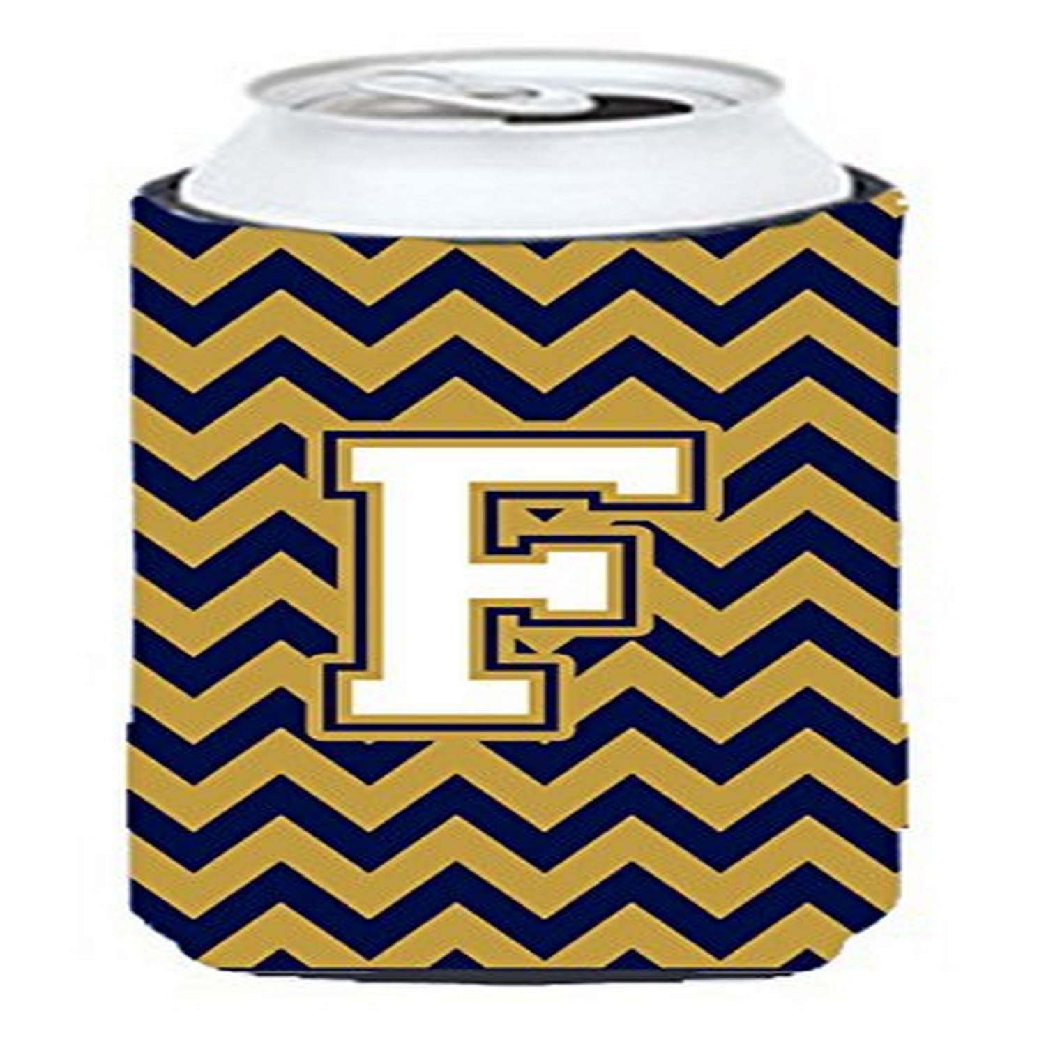 Letter F Chevron Navy Blue and Gold Tall Boy Beverage Insulator Hugger CJ1057-FTBC