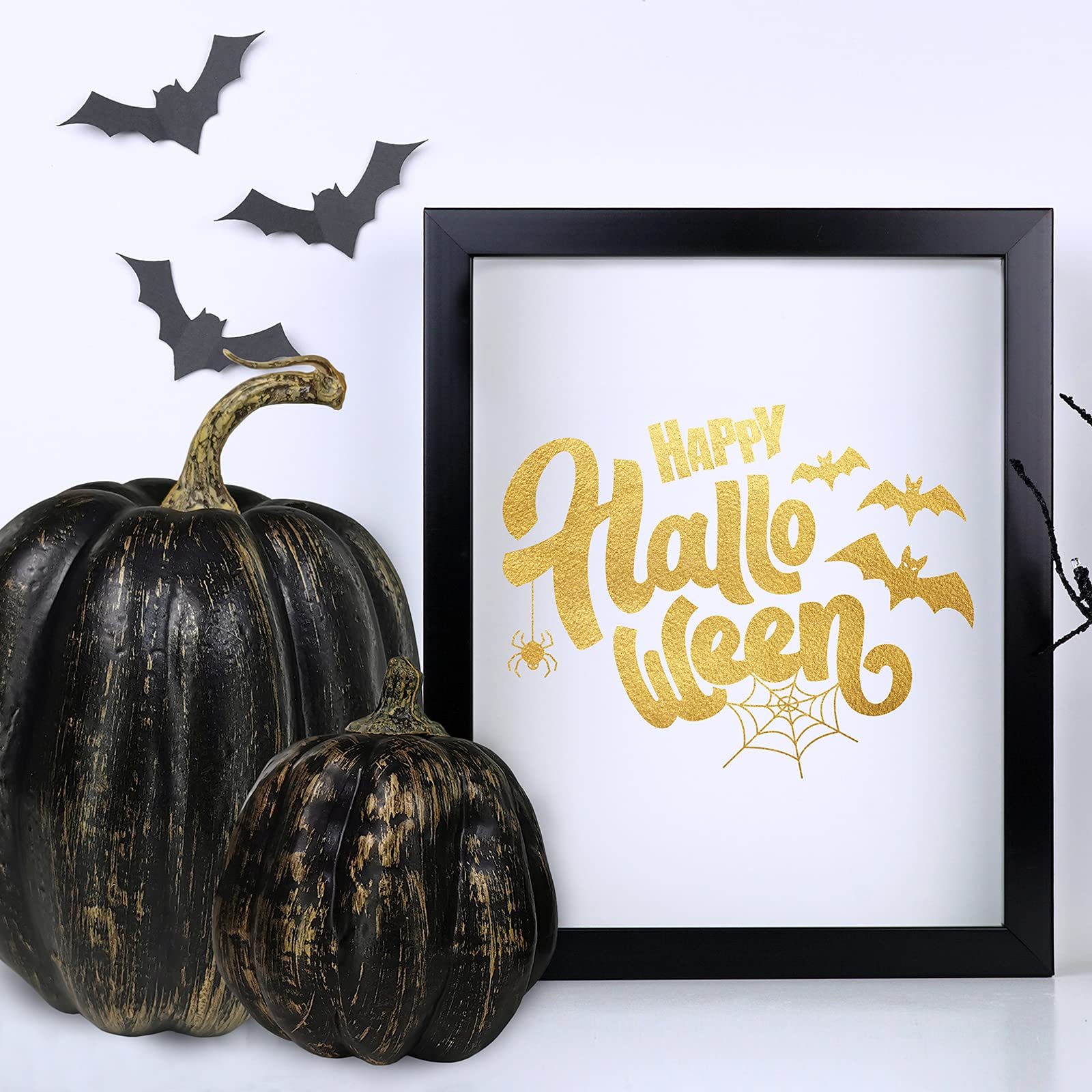 Winlyn 7 Pcs Assorted Artificial Gold Brush Black Pumpkins Rustic Decorative Halloween Faux Foam Pumpkins for Fall Halloween Tha