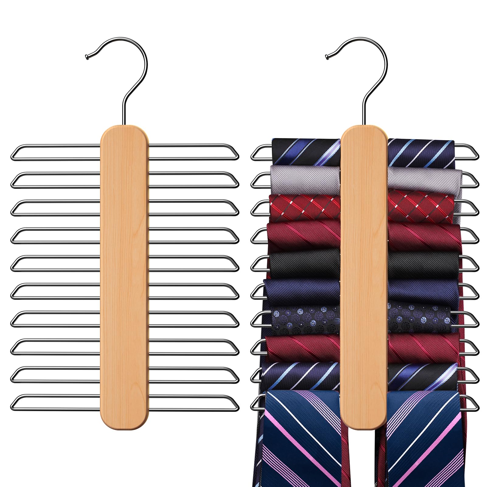 Uinicor Tie Hanger, Rust Resistant Wooden Necktie Organizer With 20 Swivel Hooks, 360 Degree Rotation, Space Saving, Ideal For C