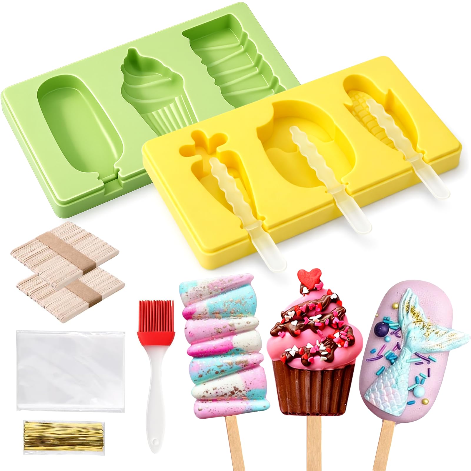 2 Pack Silicone Cake Pop Molds with 100 Sticks & Parcel Bags, Reusable Cakesicle Molds for Lollipops, Ice Cream, DIY Desserts, C