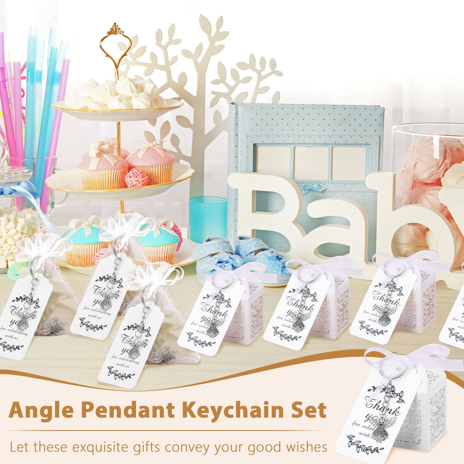 Bonuci 120 Pieces Baptism Party Favors Angel Keychain Pendant First Communion Party Boxes White Organza Bags With Drawstring Tha