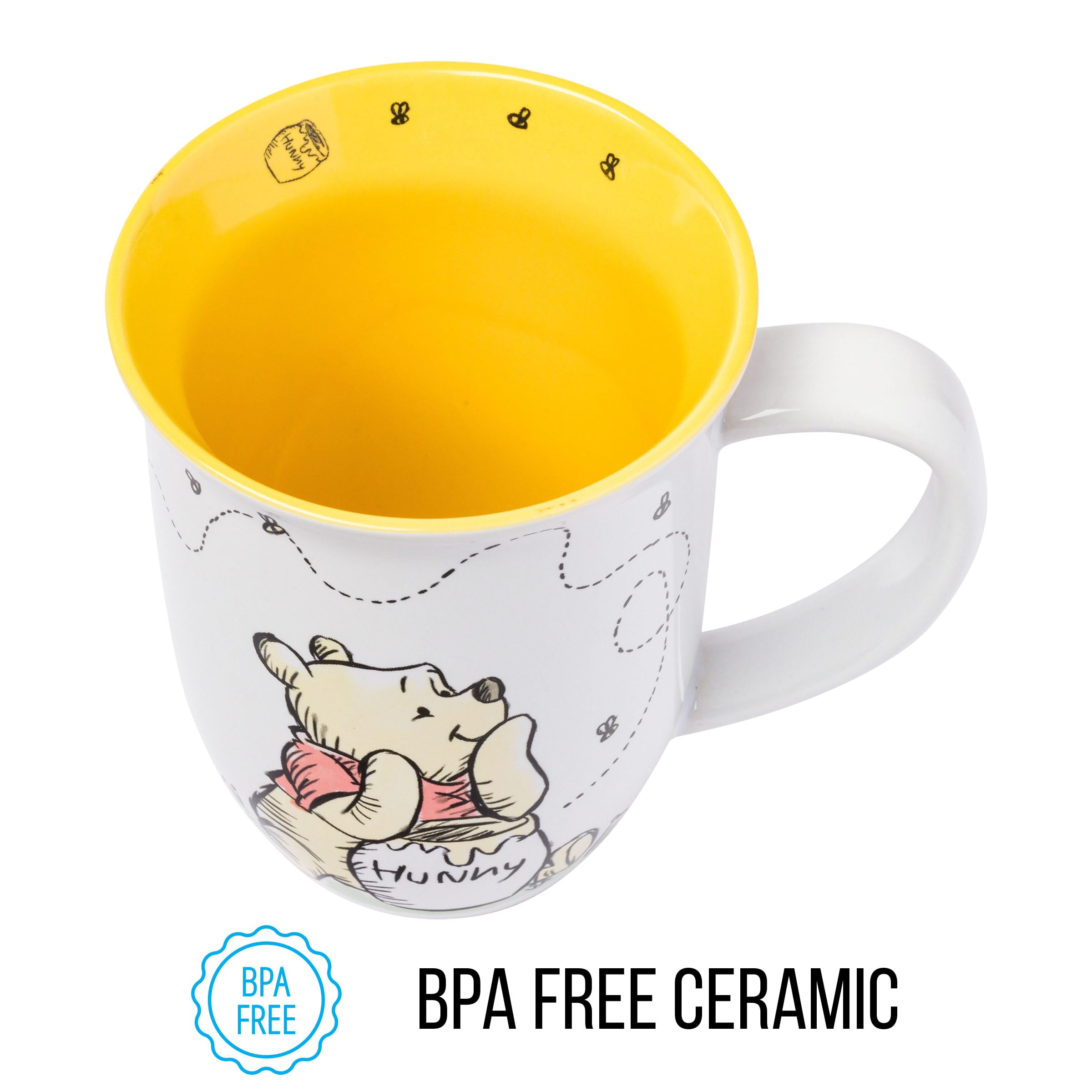 Silver Buffalo Disney Winnie the Pooh But First Hunny Wide Rim Bees Flying Ceramic Mug, 16 Ounces