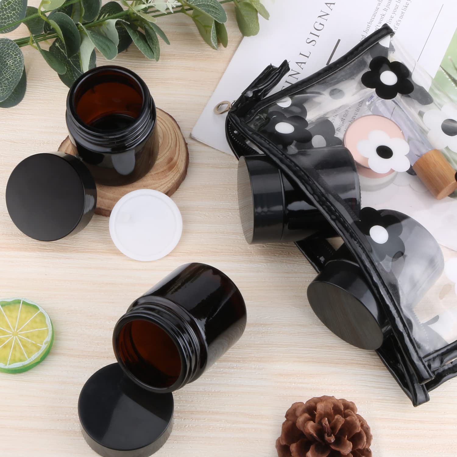 4 Pack 120Ml/4Oz Amber Glass Cream Jar Refillable Cosmetic Storage Bottle Large Sample Container Pot With Inner Liners&Black Lid