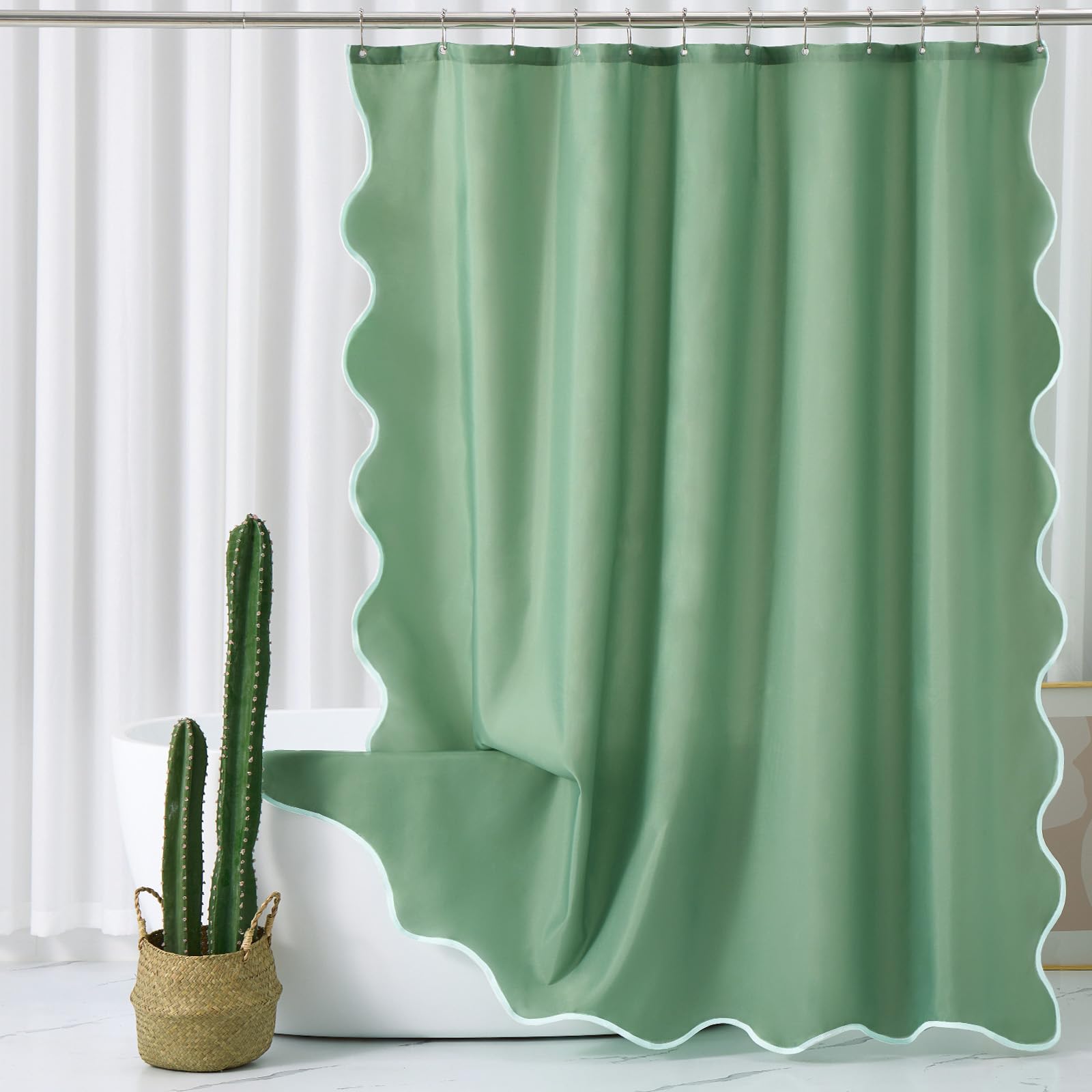 Ortigia Green Scalloped Shower Curtain, Cute Boho Preppy Sage Green Shower Curtains Aesthetic Waterproof Fabric Shabby Chic Bath