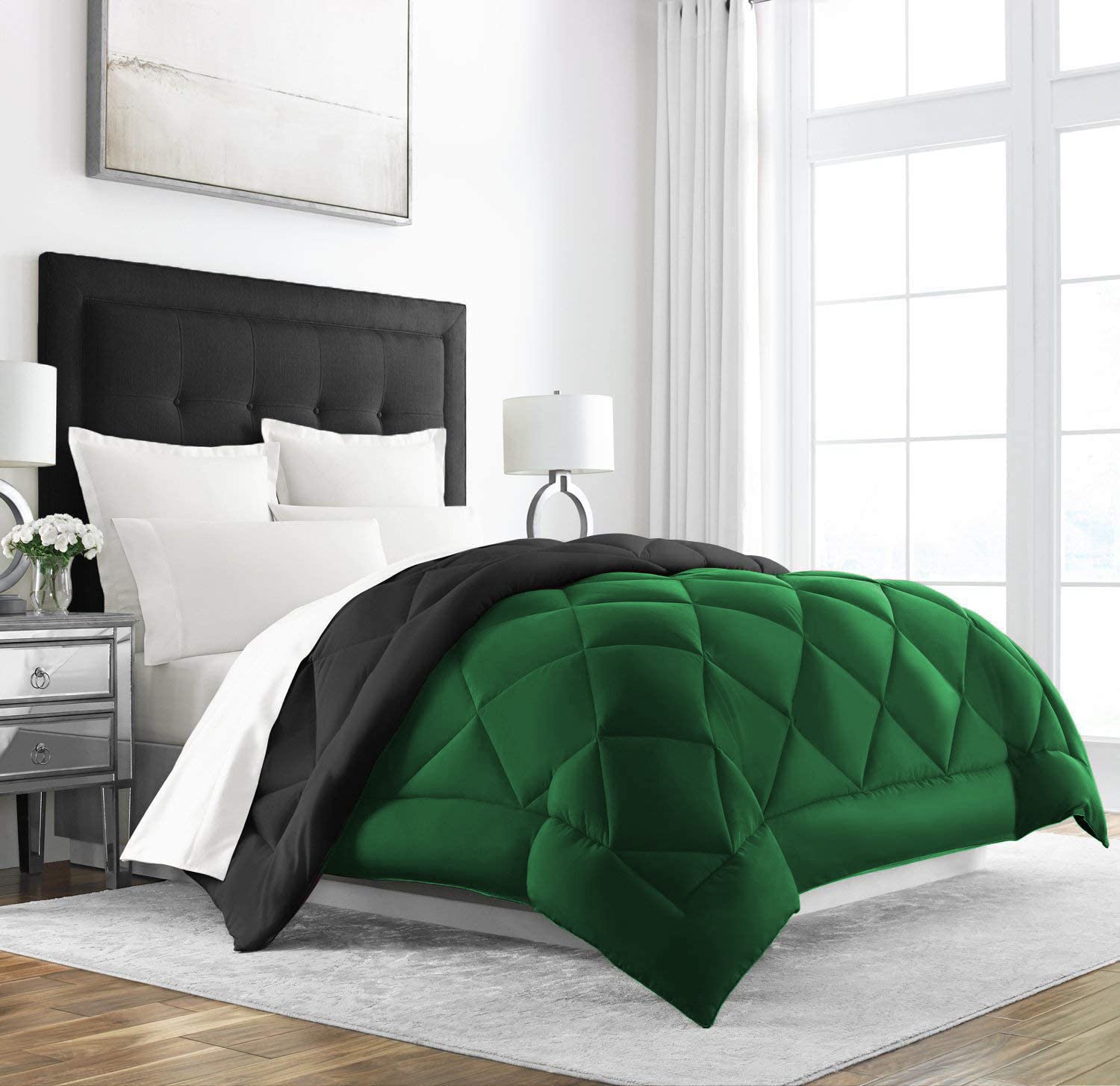 Linenovation All Season Microfiber Reversable Duvet/Ac Comforter/Quilt  Black Dark Green  Double Size 90 Inch X 100 Inch